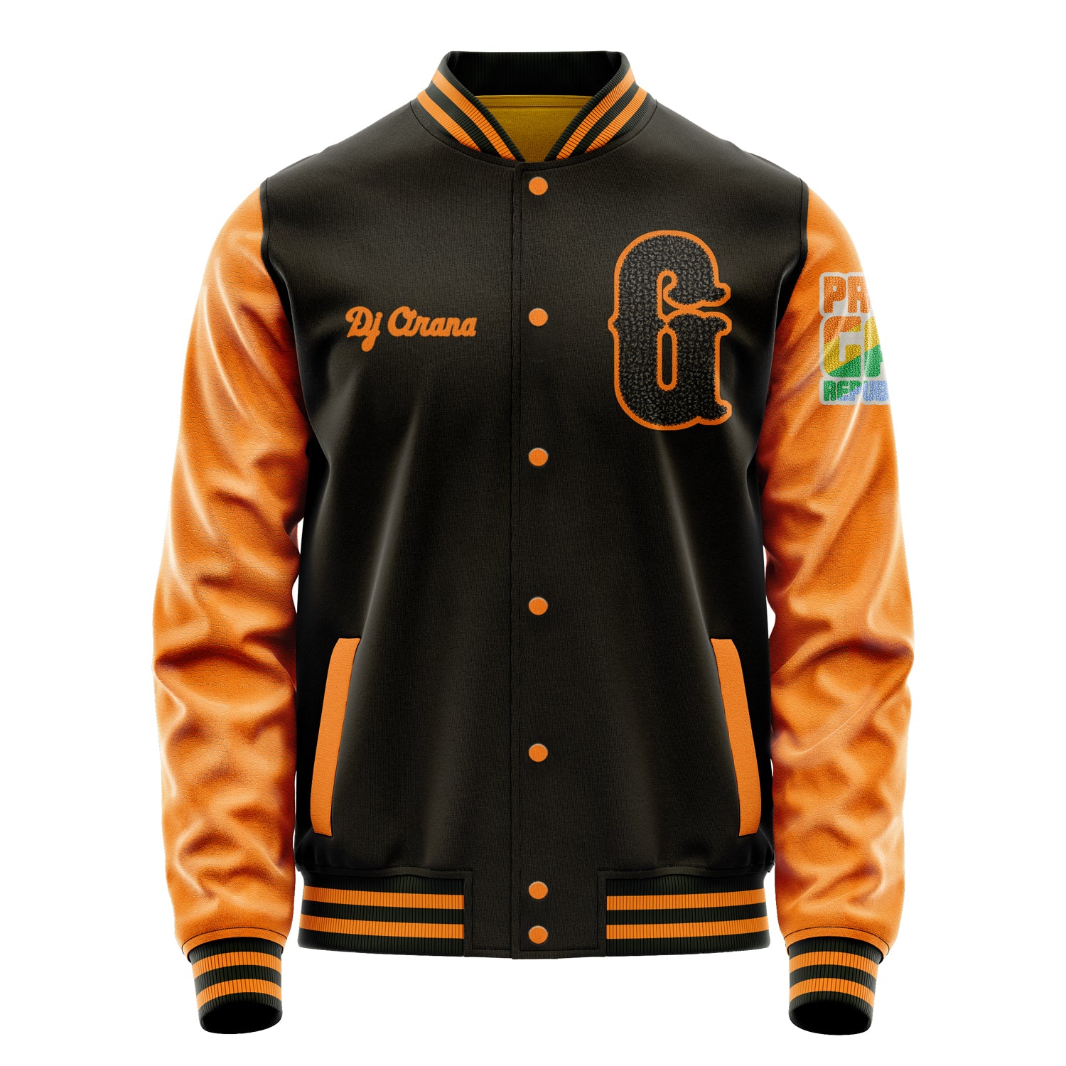 Custom Brown Varsity Jacket Patches Orange Leather Sleeves - Proud Gay Republican