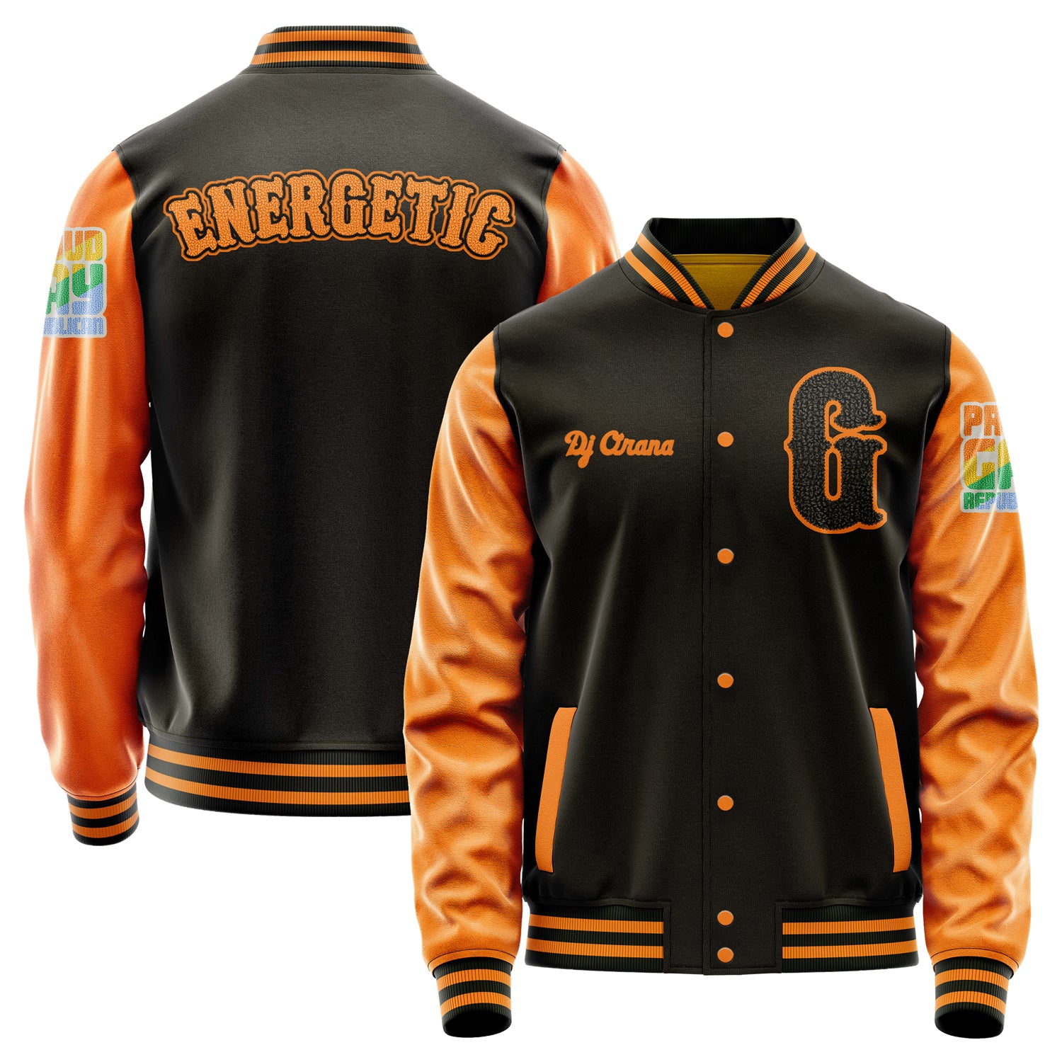 Custom Brown Varsity Jacket Patches Orange Leather Sleeves - Proud Gay Republican