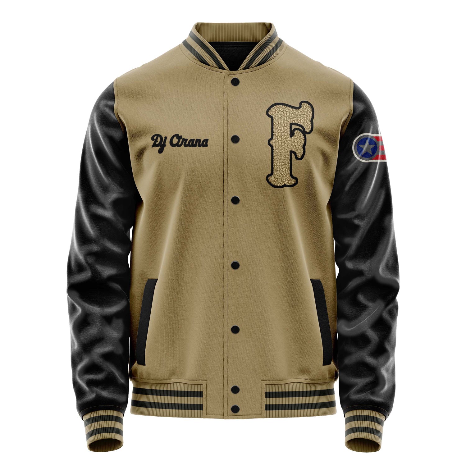 Custom Camel Varsity Jacket Patches Black Leather Sleeves - Emblem Badge Logo