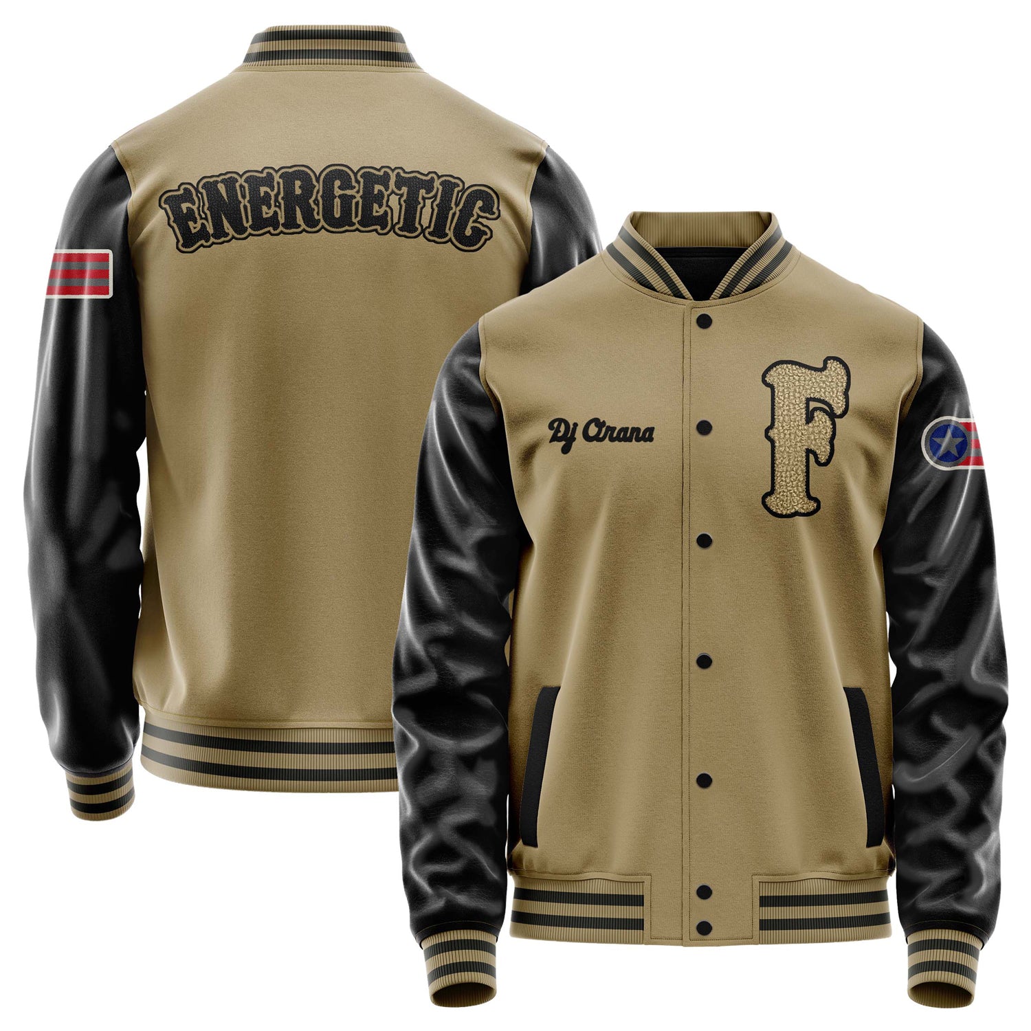 Custom Camel Varsity Jacket Patches Black Leather Sleeves - Emblem Badge Logo