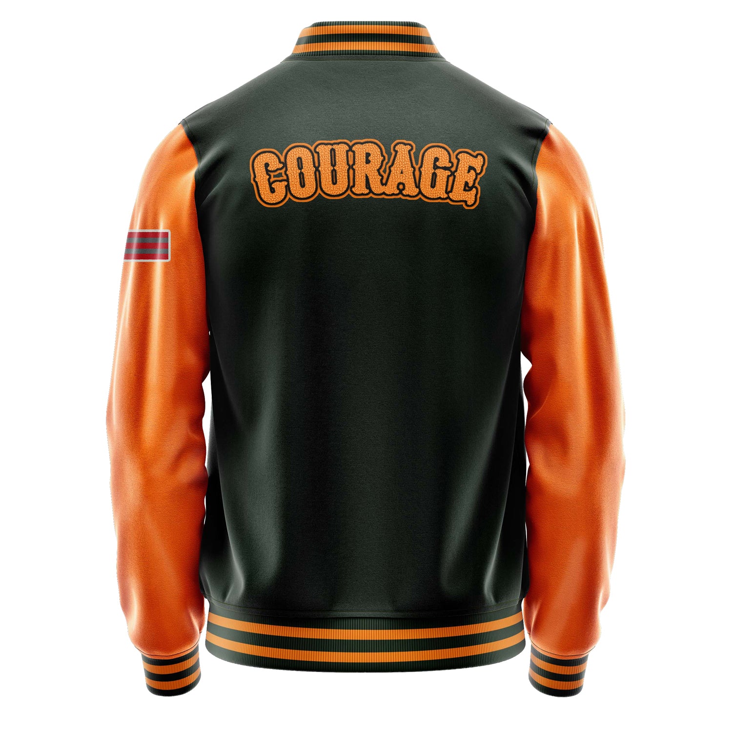 Custom Dark Green Varsity Jacket Patches Orange Leather Sleeves - Emblem Badge Logo