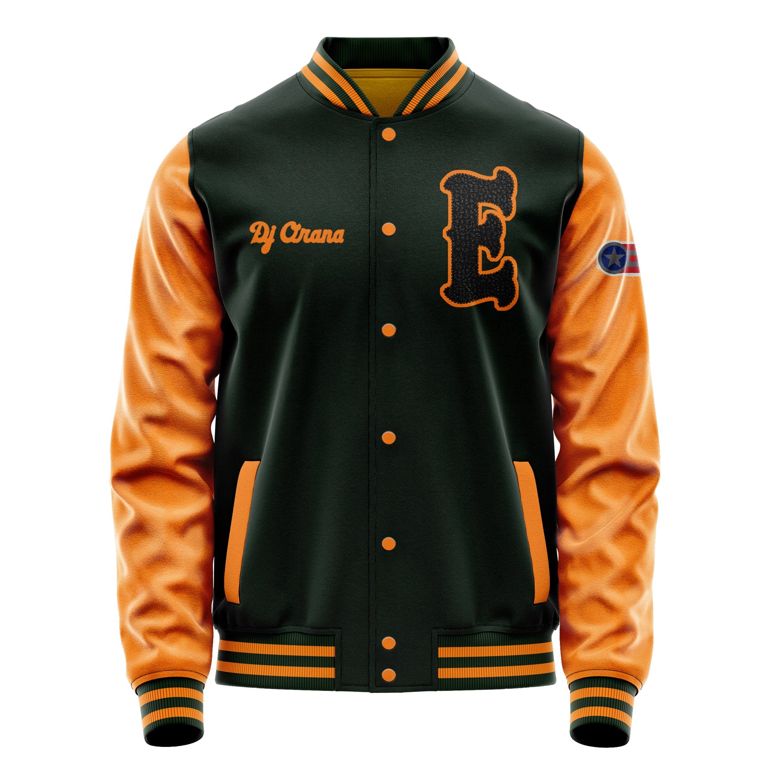 Custom Dark Green Varsity Jacket Patches Orange Leather Sleeves - Emblem Badge Logo