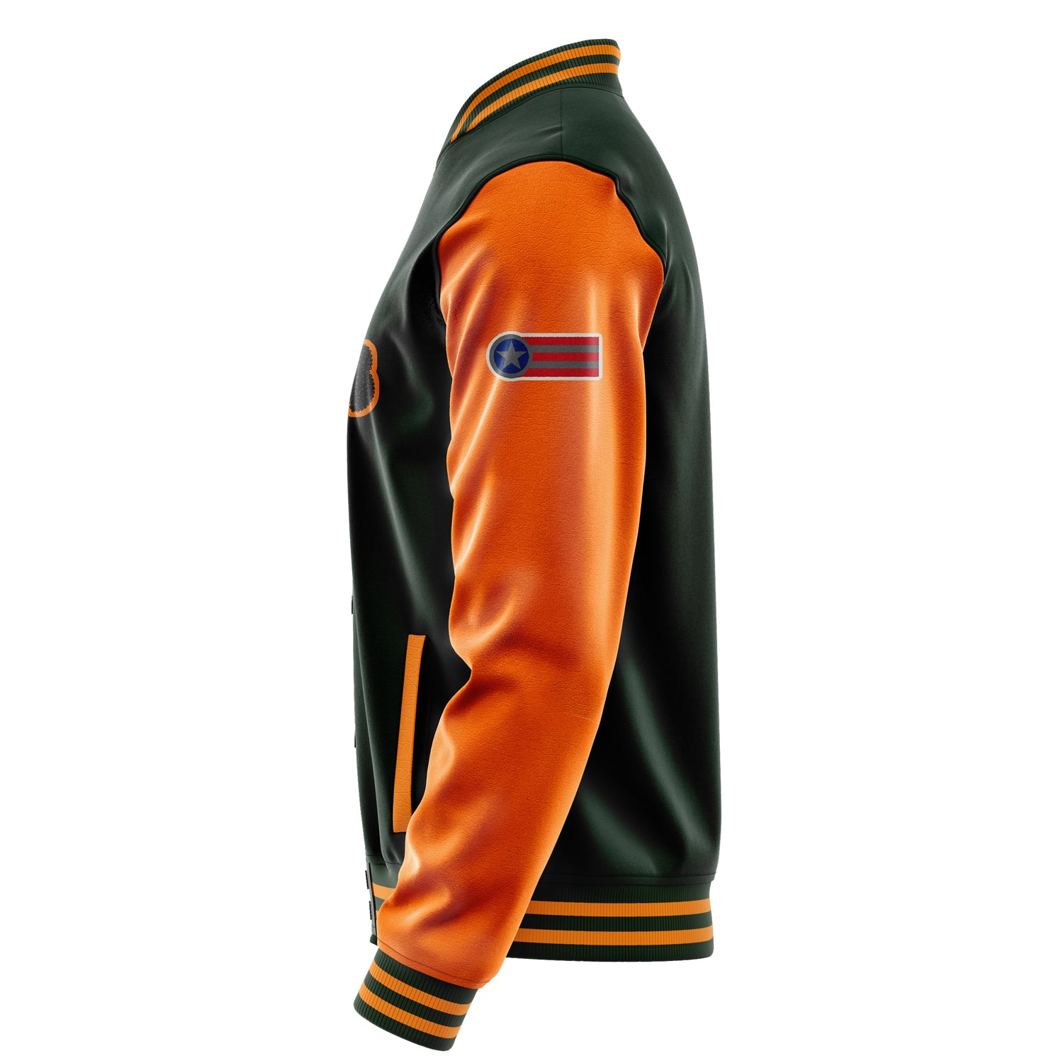 Custom Dark Green Varsity Jacket Patches Orange Leather Sleeves - Emblem Badge Logo