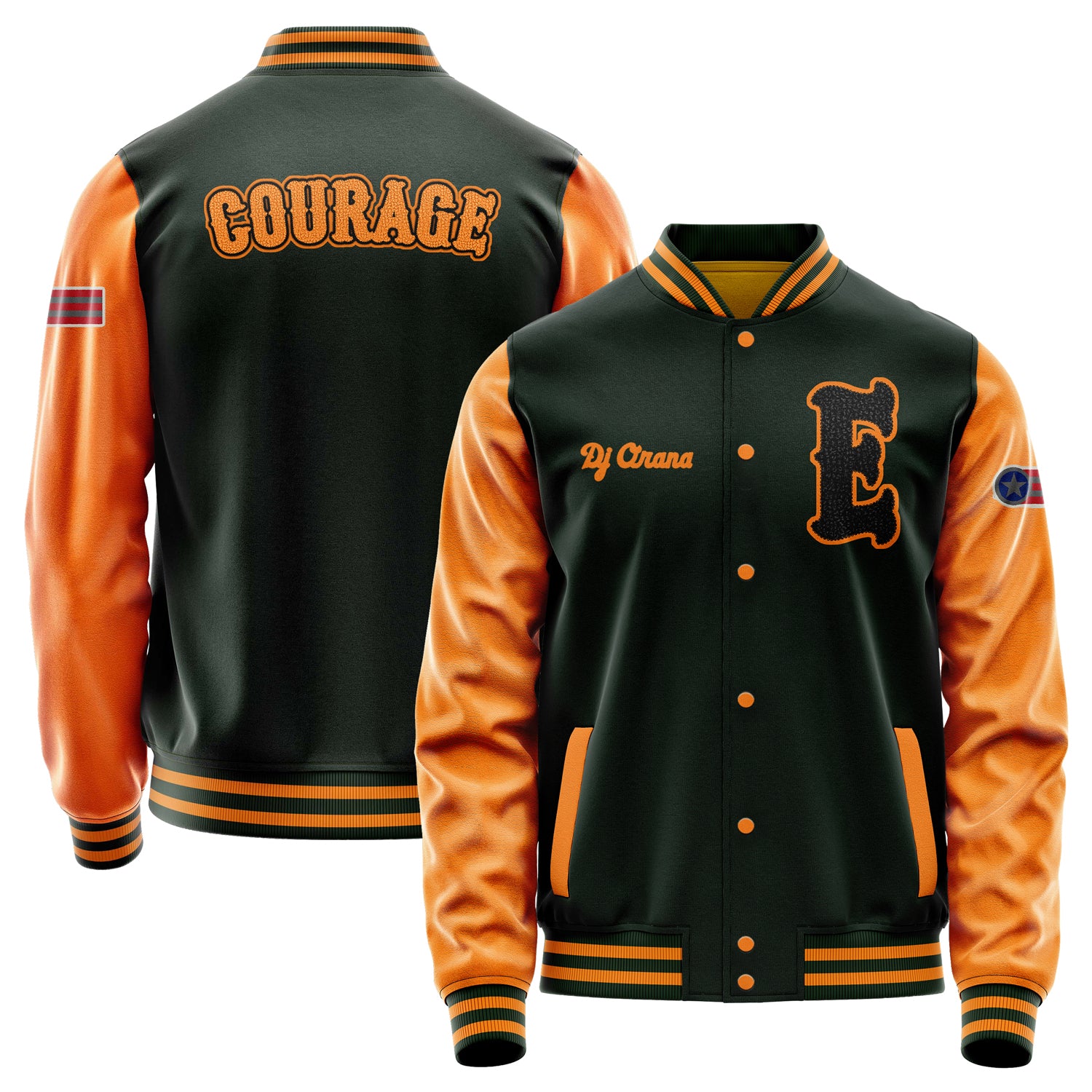 Custom Dark Green Varsity Jacket Patches Orange Leather Sleeves - Emblem Badge Logo