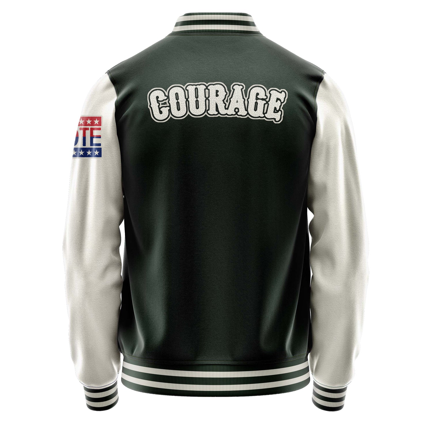 Custom Dark Green Varsity Jacket Patches Beige Leather Sleeves - VOTE