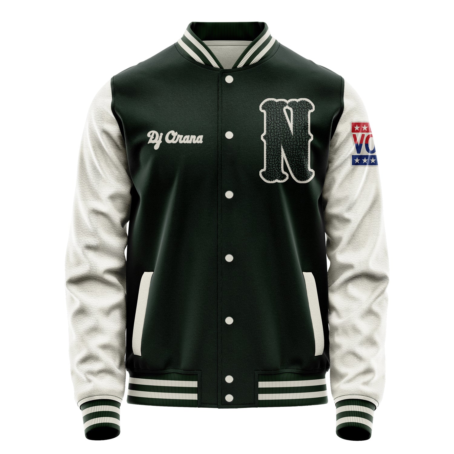 Custom Dark Green Varsity Jacket Patches Beige Leather Sleeves - VOTE