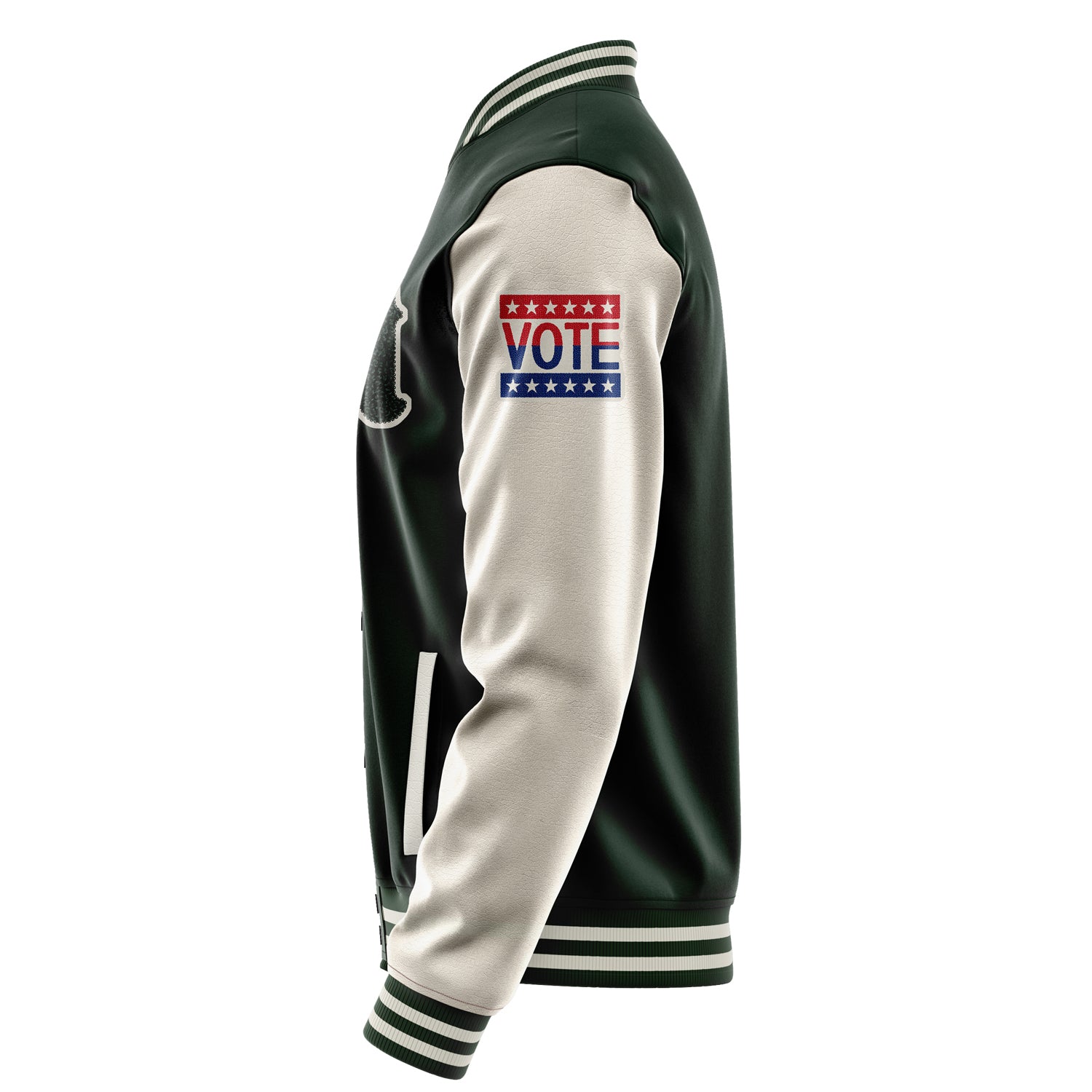 Custom Dark Green Varsity Jacket Patches Beige Leather Sleeves - VOTE