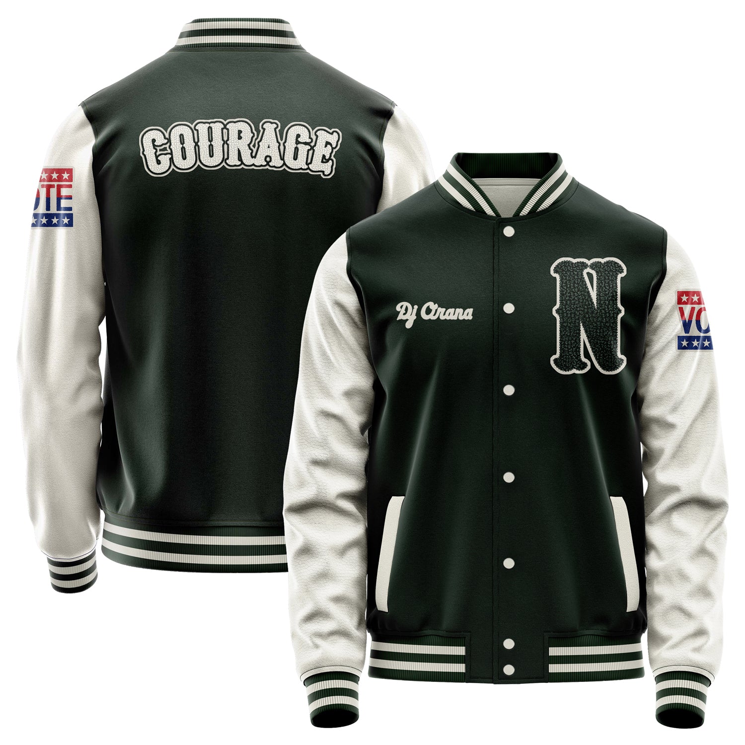 Custom Dark Green Varsity Jacket Patches Beige Leather Sleeves - VOTE