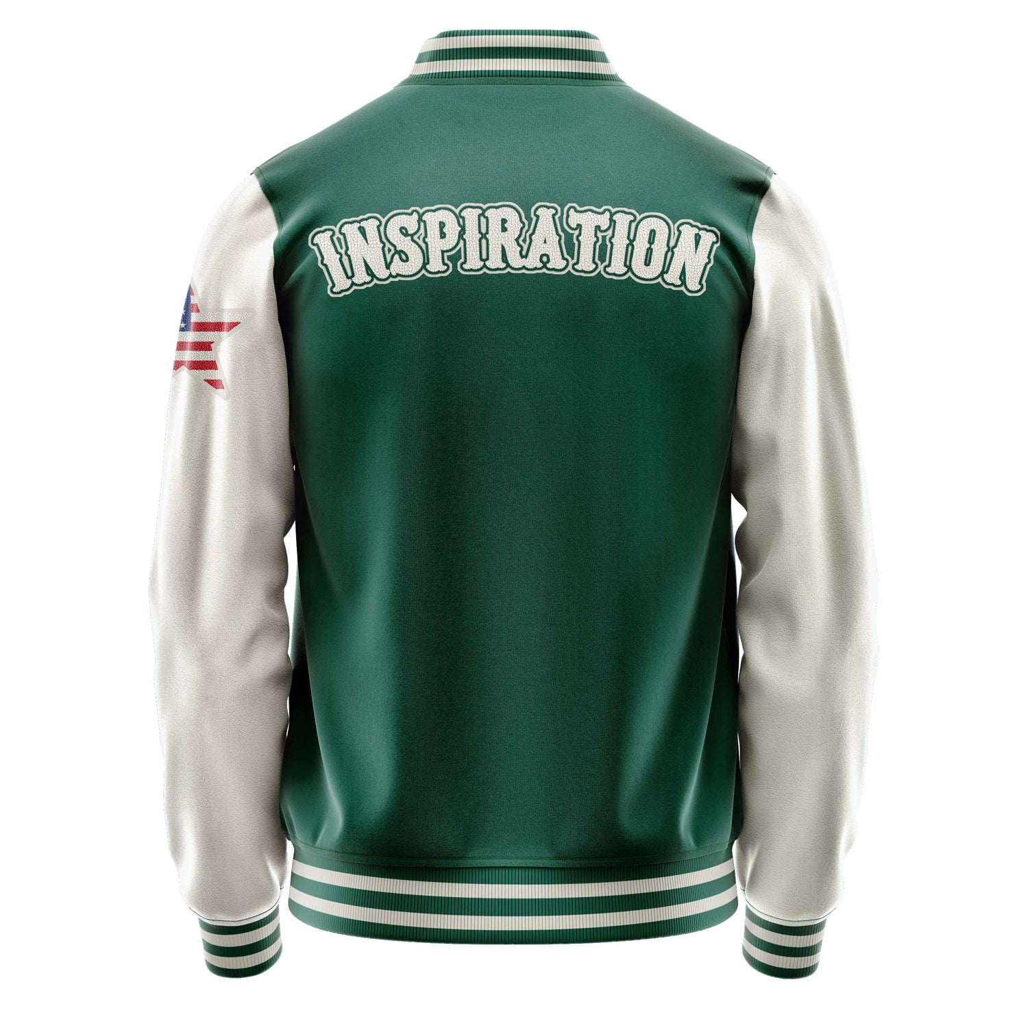 Custom Green Varsity Jacket Patches Beige Leather Sleeves - USA Star