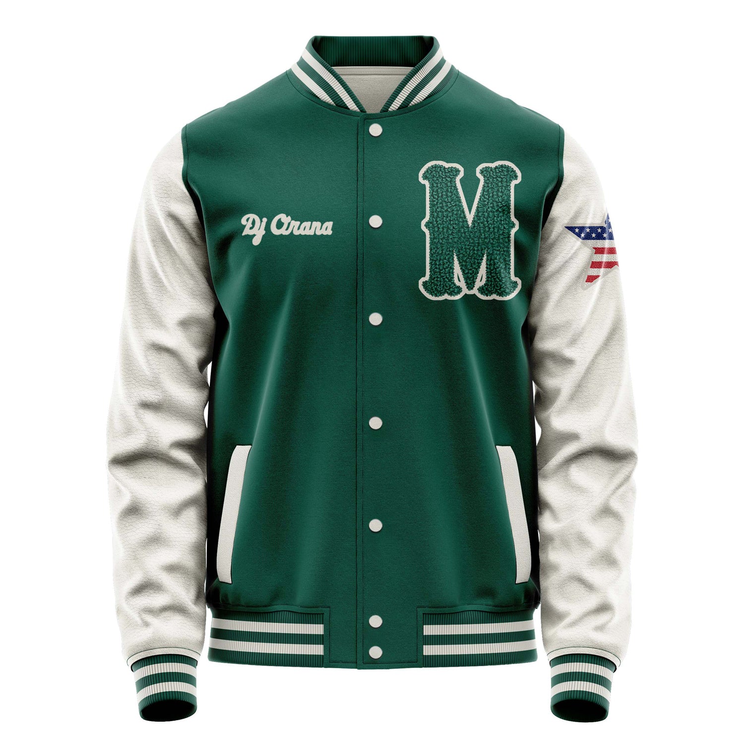 Custom Green Varsity Jacket Patches Beige Leather Sleeves - USA Star