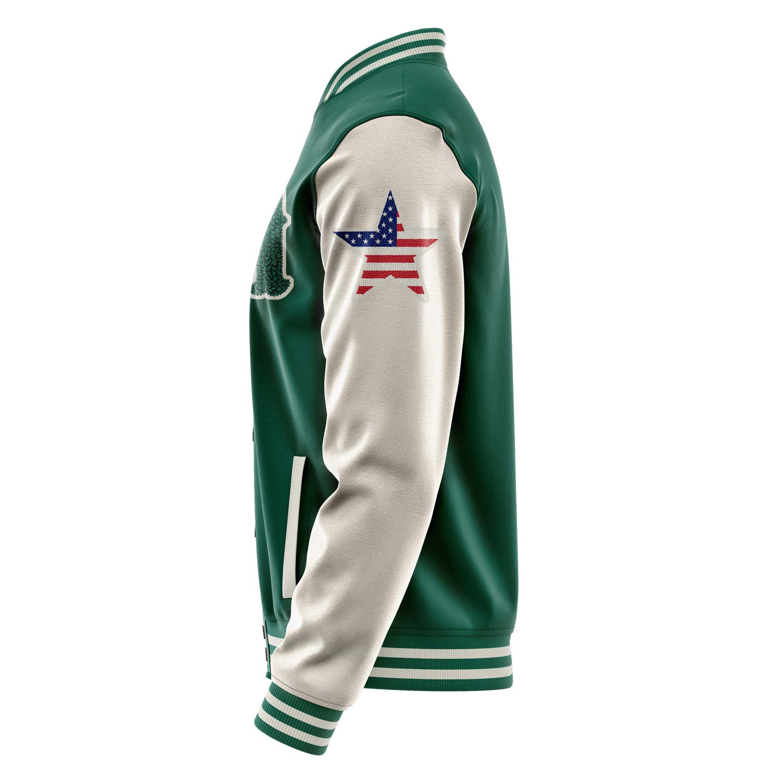 Custom Green Varsity Jacket Patches Beige Leather Sleeves - USA Star