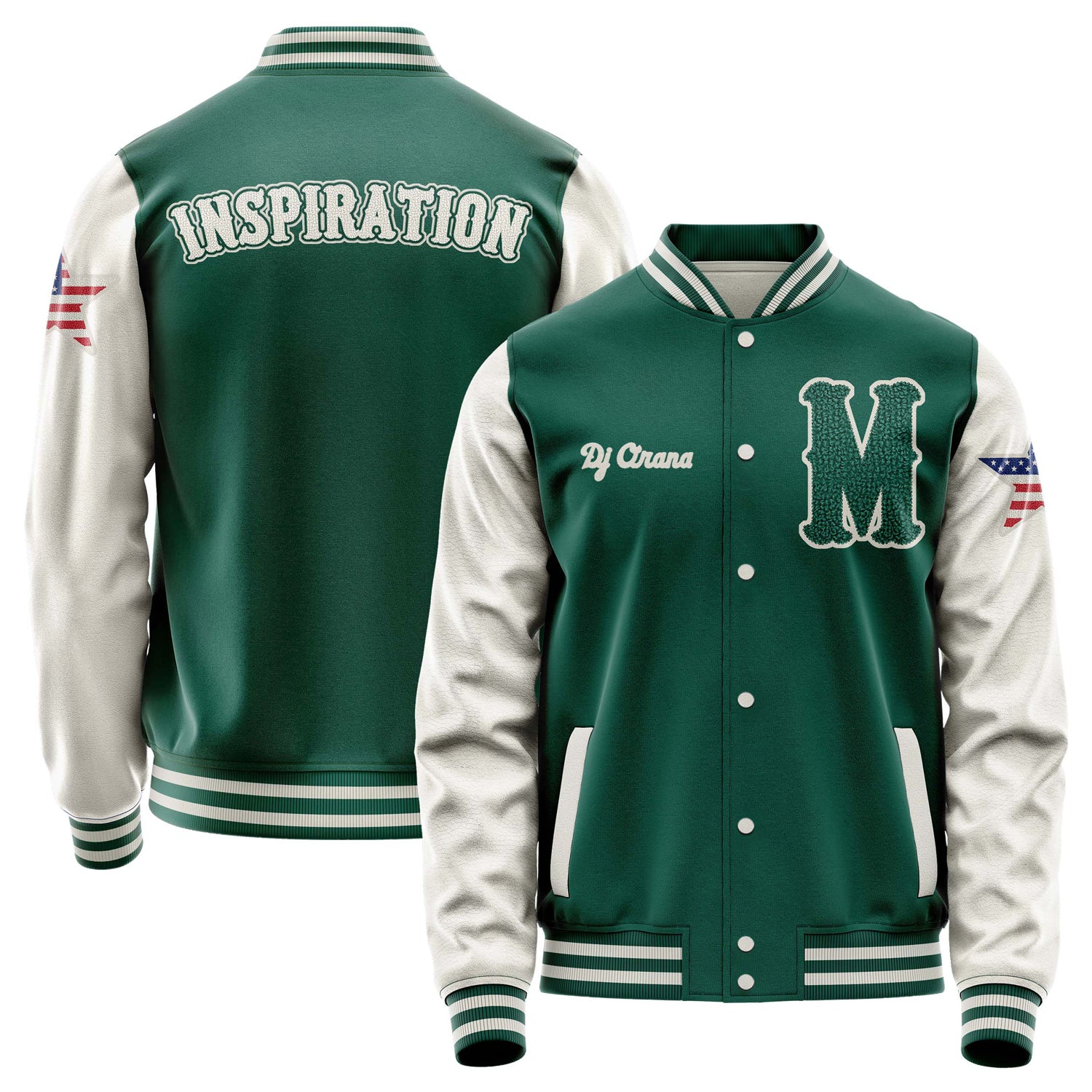 Custom Green Varsity Jacket Patches Beige Leather Sleeves - USA Star