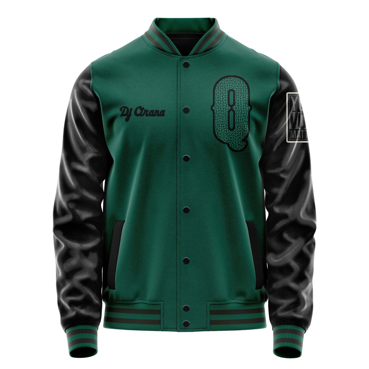 Custom Green Varsity Jacket Patches Black Leather Sleeves - Your Vote Matters