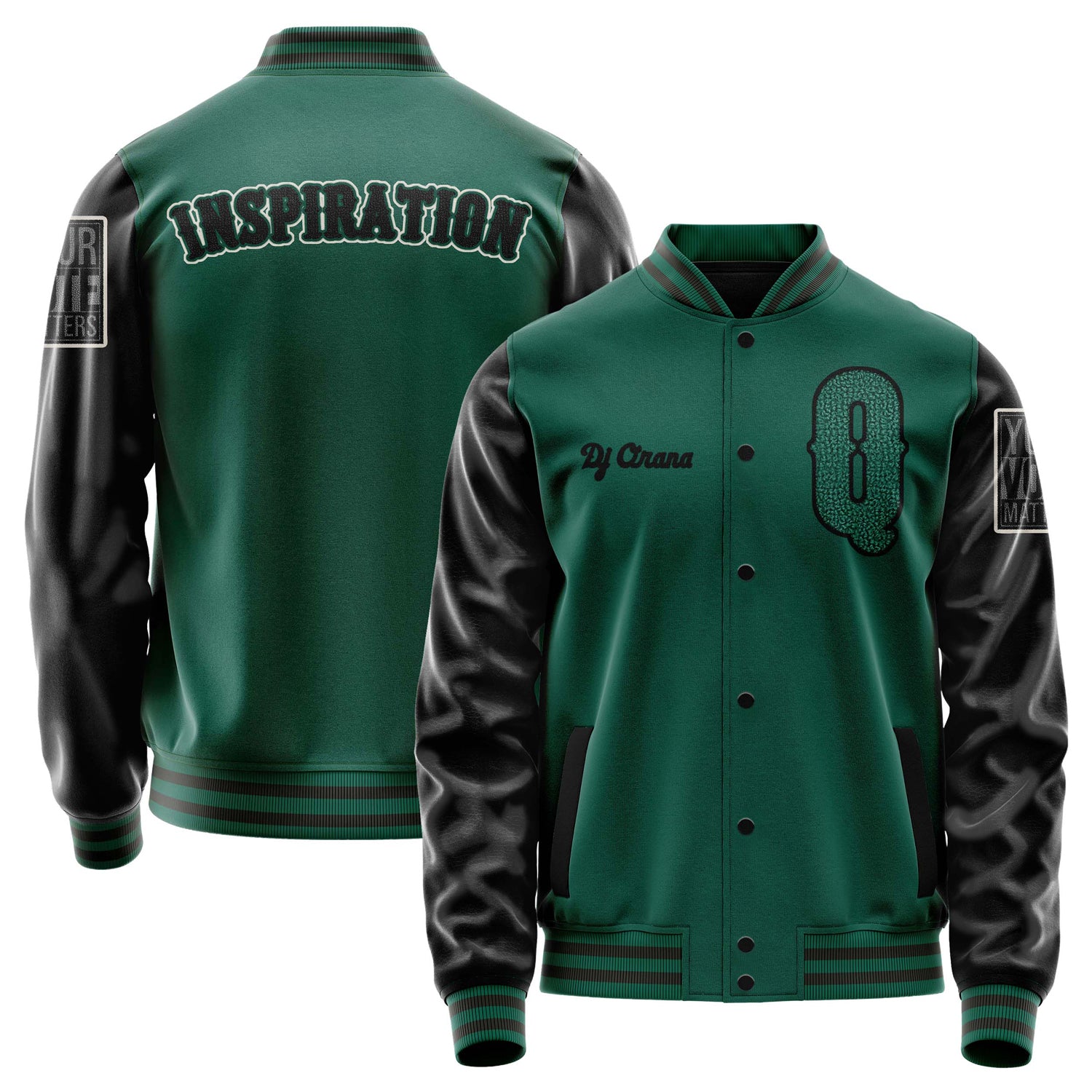 Custom Green Varsity Jacket Patches Black Leather Sleeves - Your Vote Matters