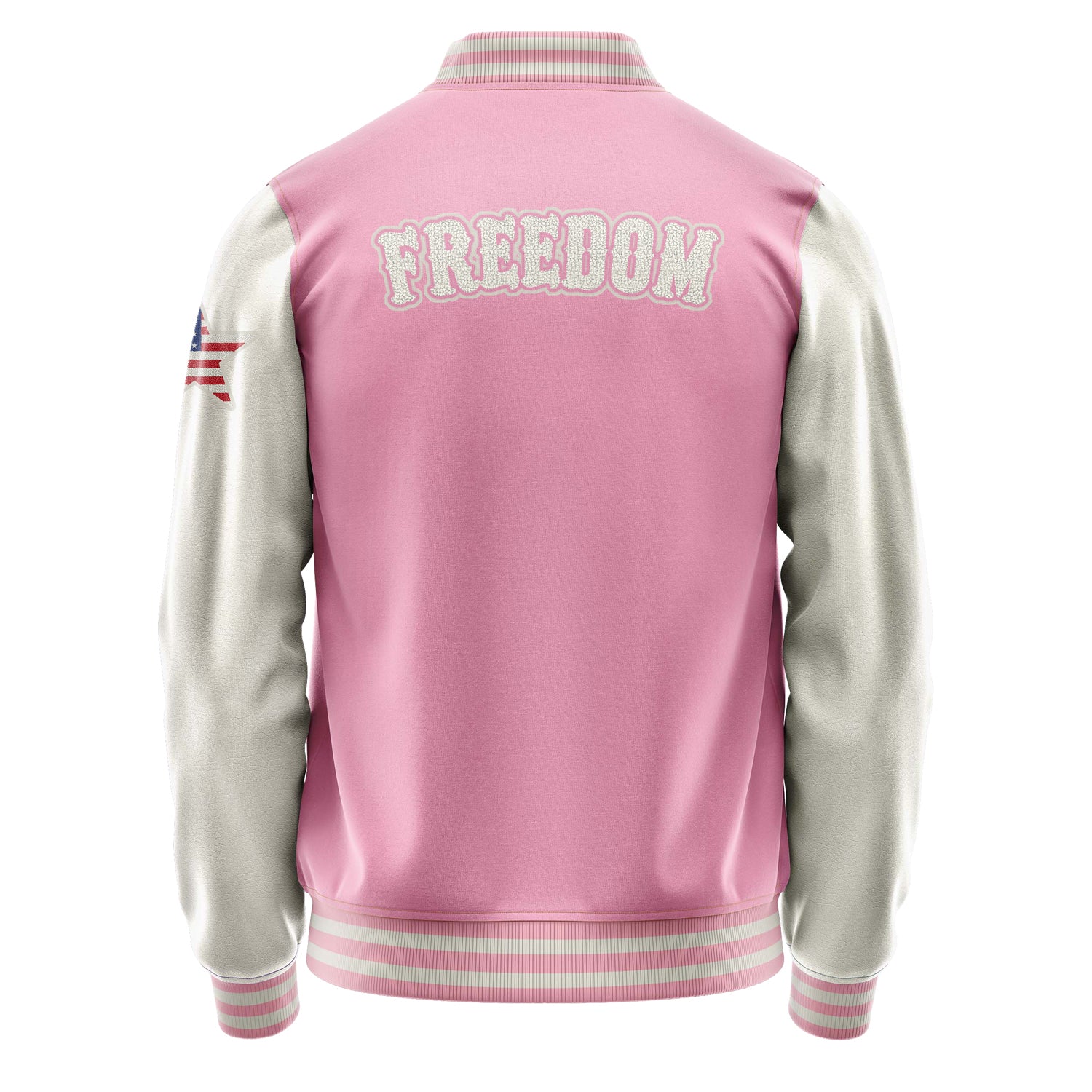 Custom Pink Varsity Jacket Patches Beige Leather Sleeves - USA Star