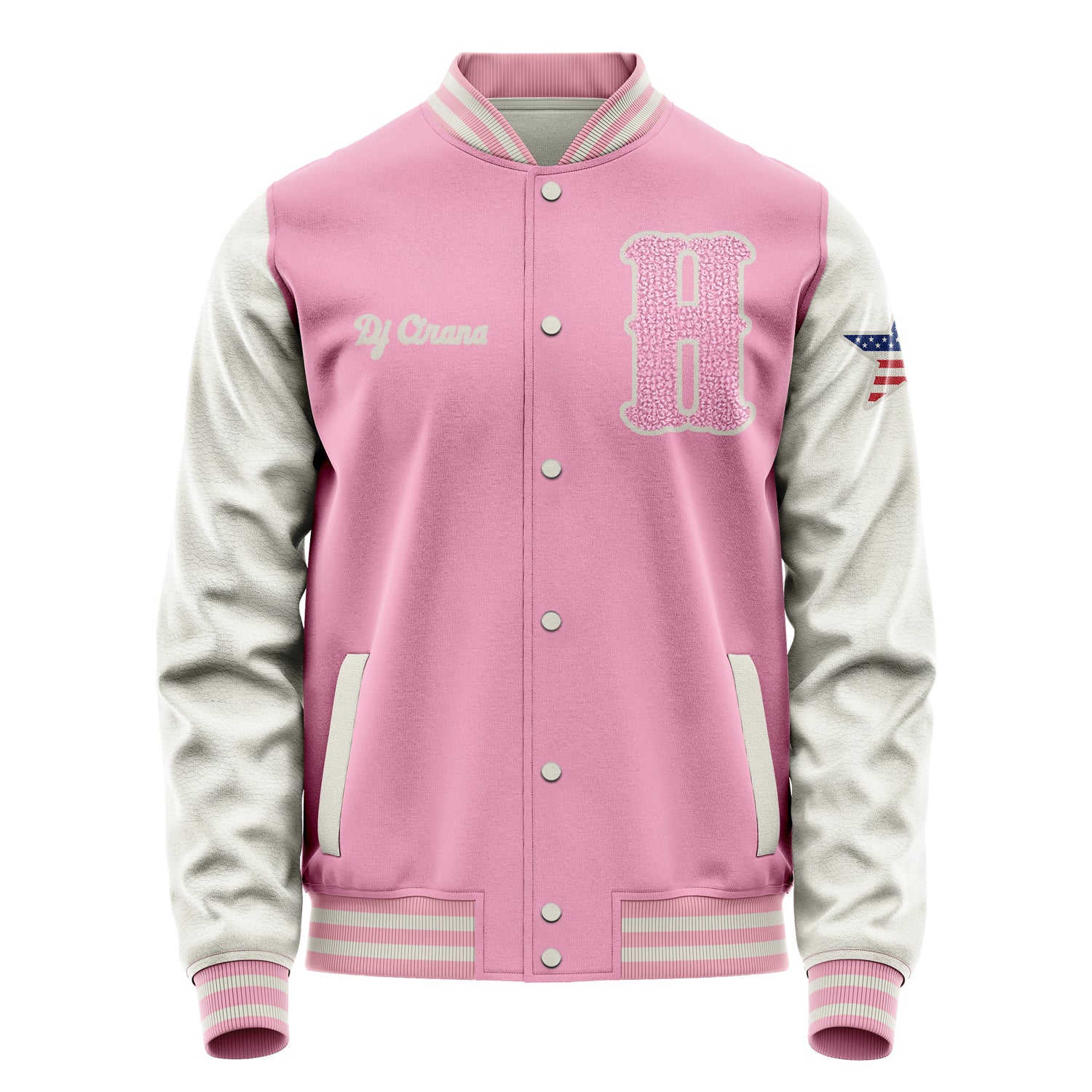 Custom Pink Varsity Jacket Patches Beige Leather Sleeves - USA Star