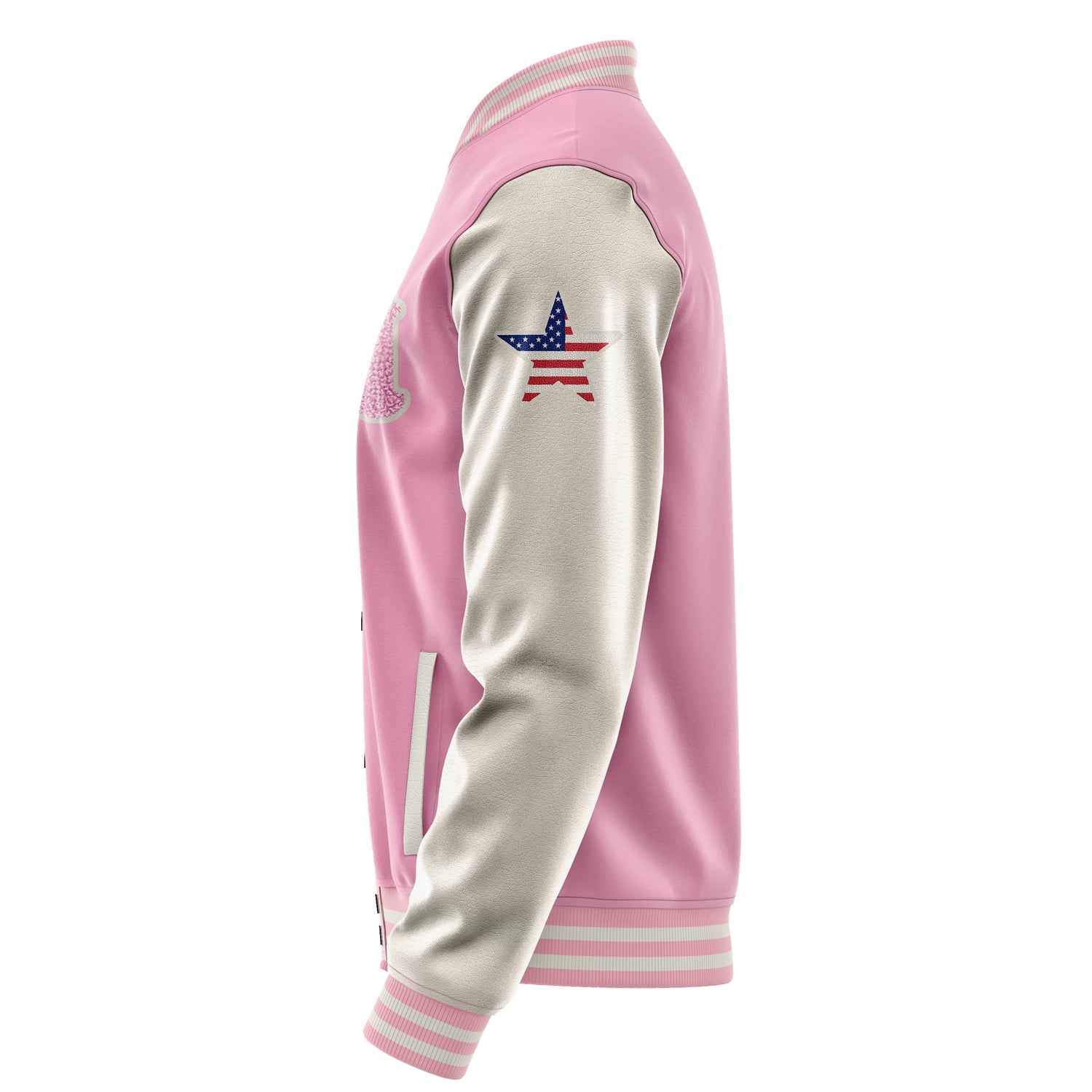 Custom Pink Varsity Jacket Patches Beige Leather Sleeves - USA Star