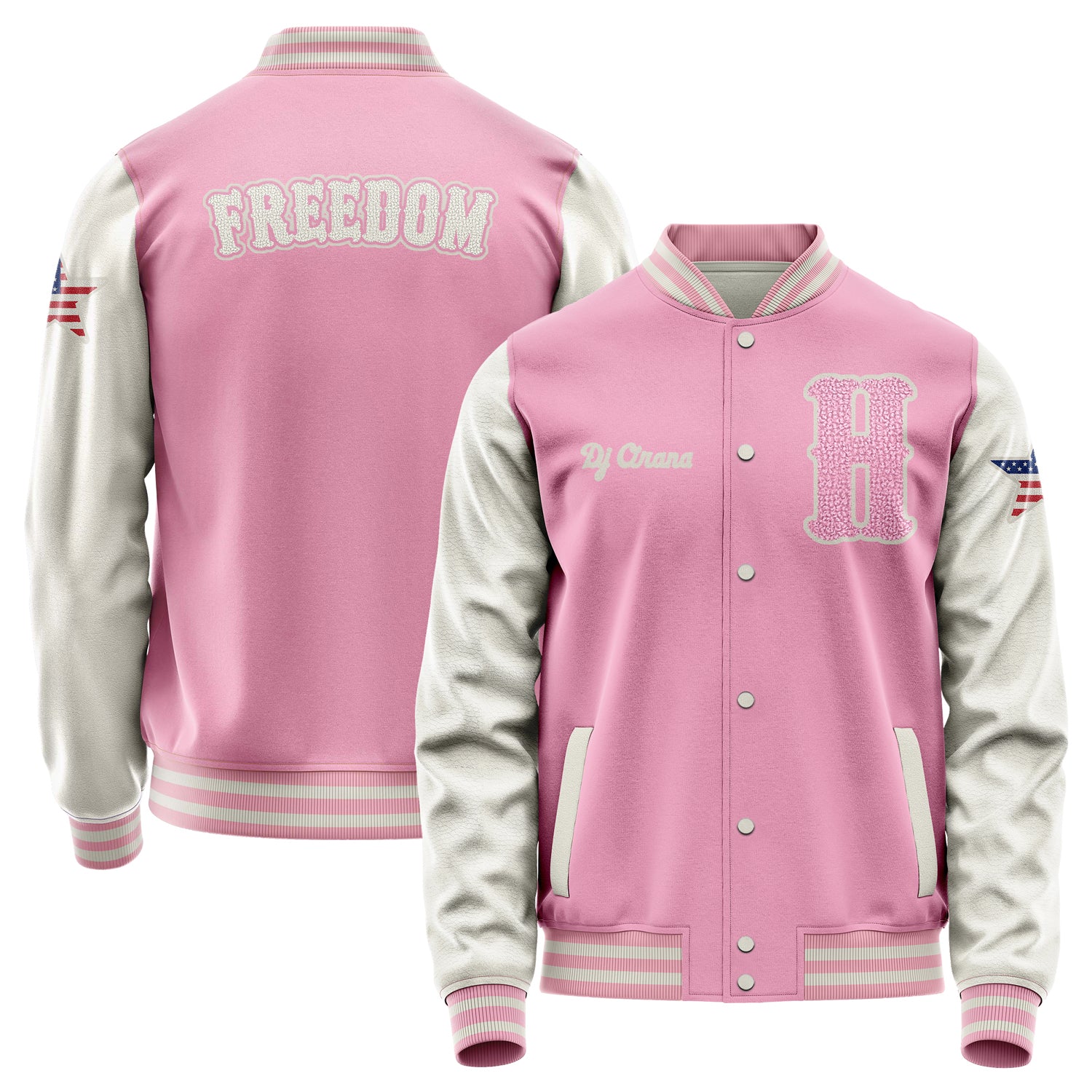 Custom Pink Varsity Jacket Patches Beige Leather Sleeves - USA Star