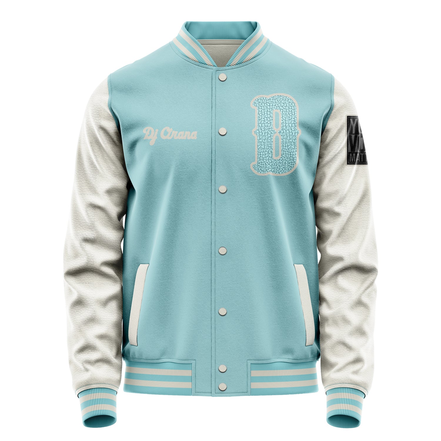 Custom Light Blue Varsity Jacket Patches Beige Leather Sleeves - Your Vote Matters