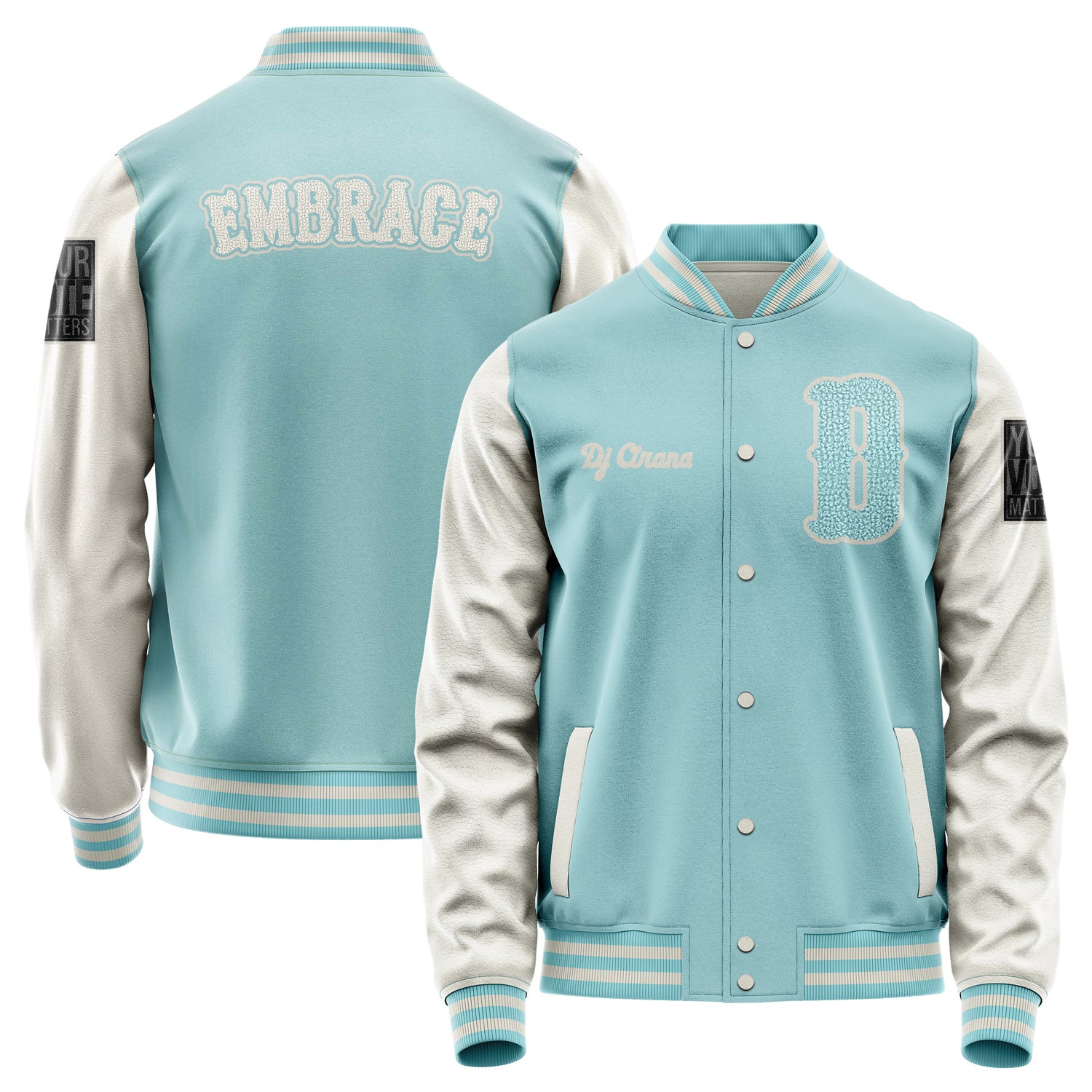 Custom Light Blue Varsity Jacket Patches Beige Leather Sleeves - Your Vote Matters