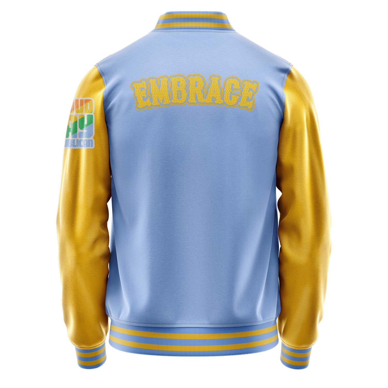 Custom Sky Blue Varsity Jacket Patches Egg Yellow Leather Sleeves - Proud Gay Republican