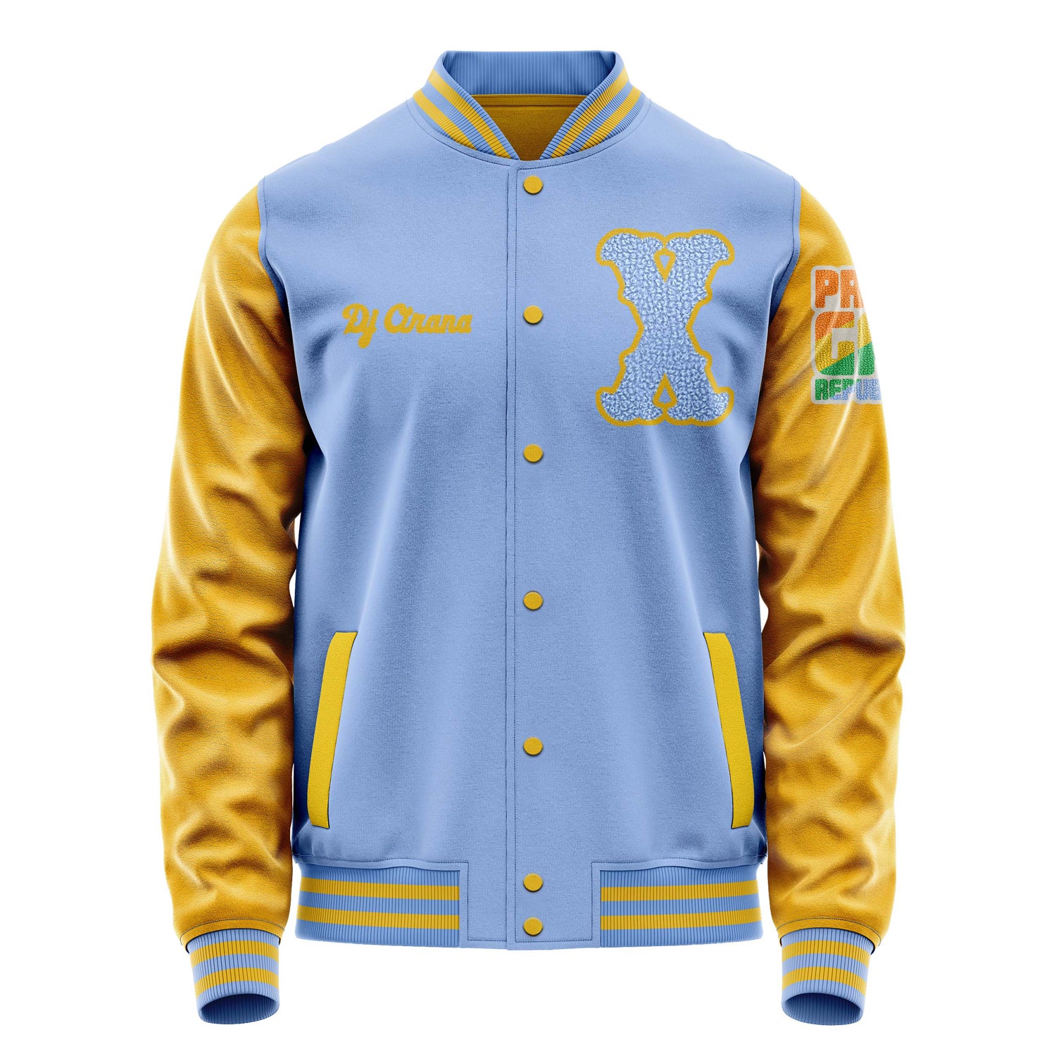 Custom Sky Blue Varsity Jacket Patches Egg Yellow Leather Sleeves - Proud Gay Republican