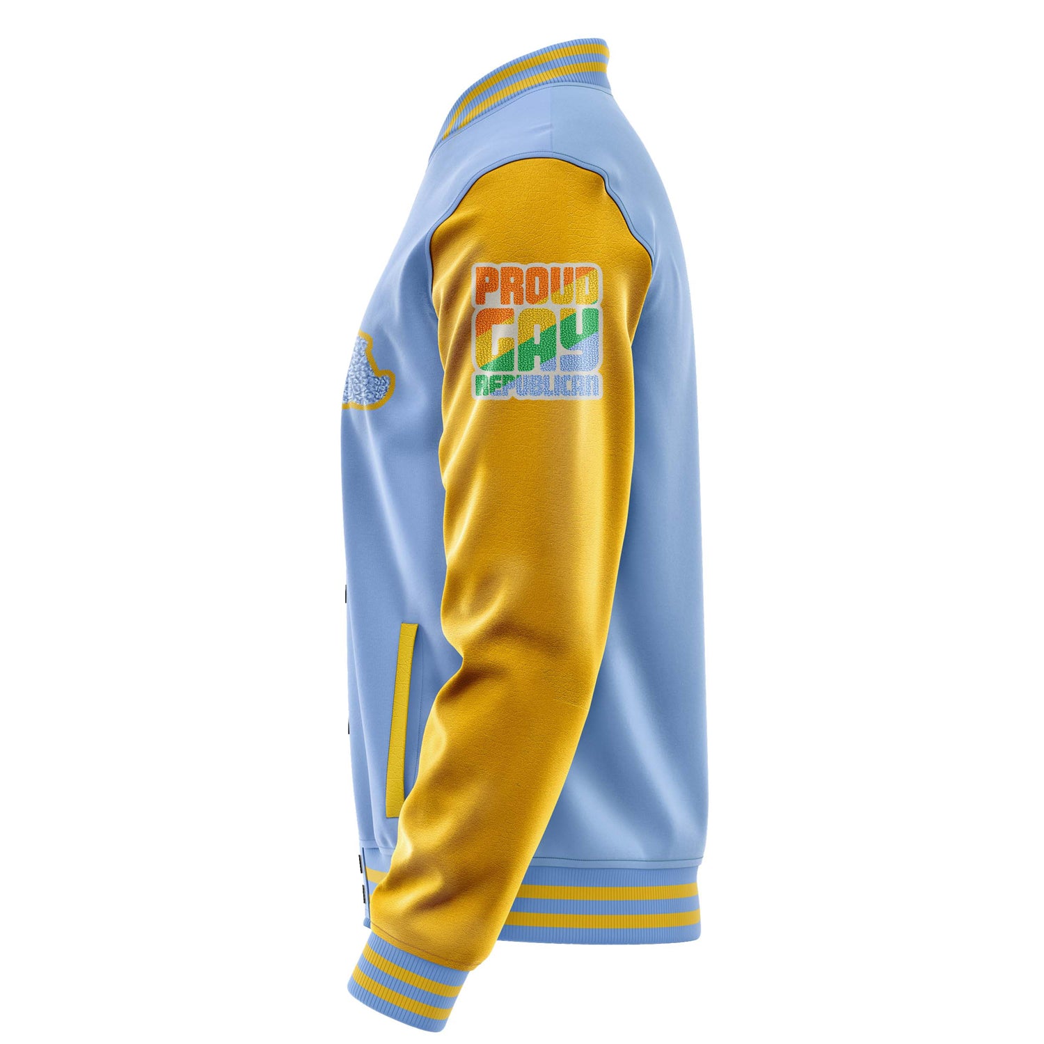 Custom Sky Blue Varsity Jacket Patches Egg Yellow Leather Sleeves - Proud Gay Republican