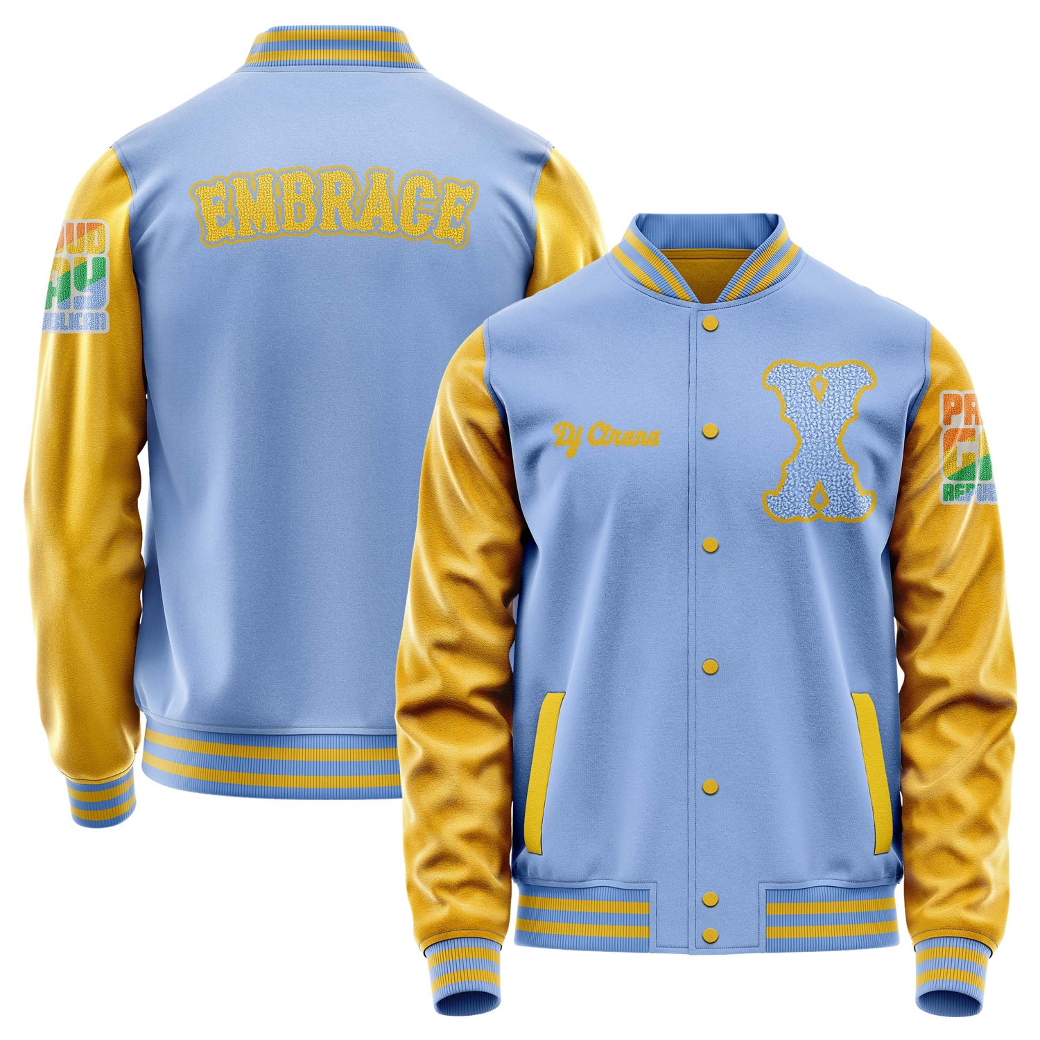 Custom Sky Blue Varsity Jacket Patches Egg Yellow Leather Sleeves - Proud Gay Republican