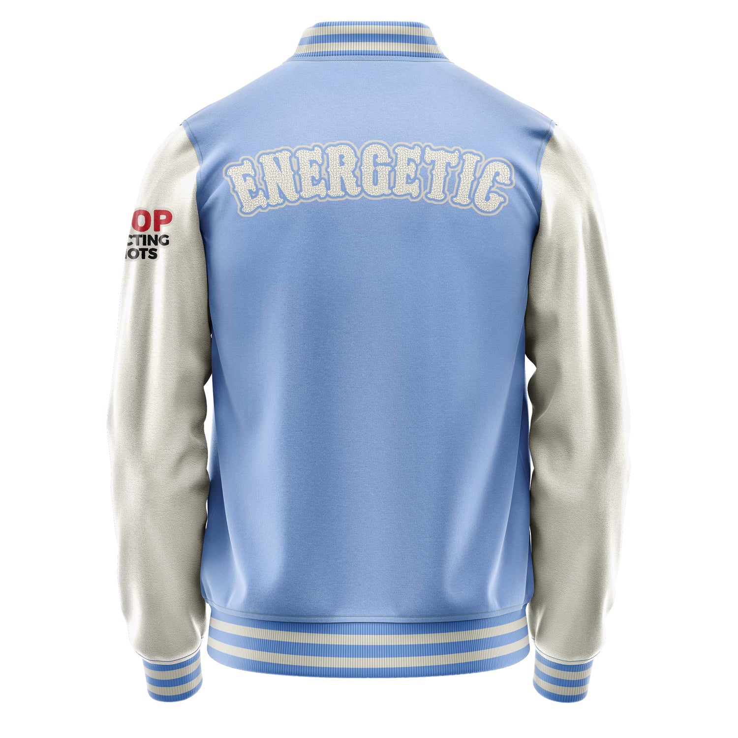 Custom Sky Blue Varsity Jacket Patches Beige Leather Sleeves - Stop ElectingIdiots