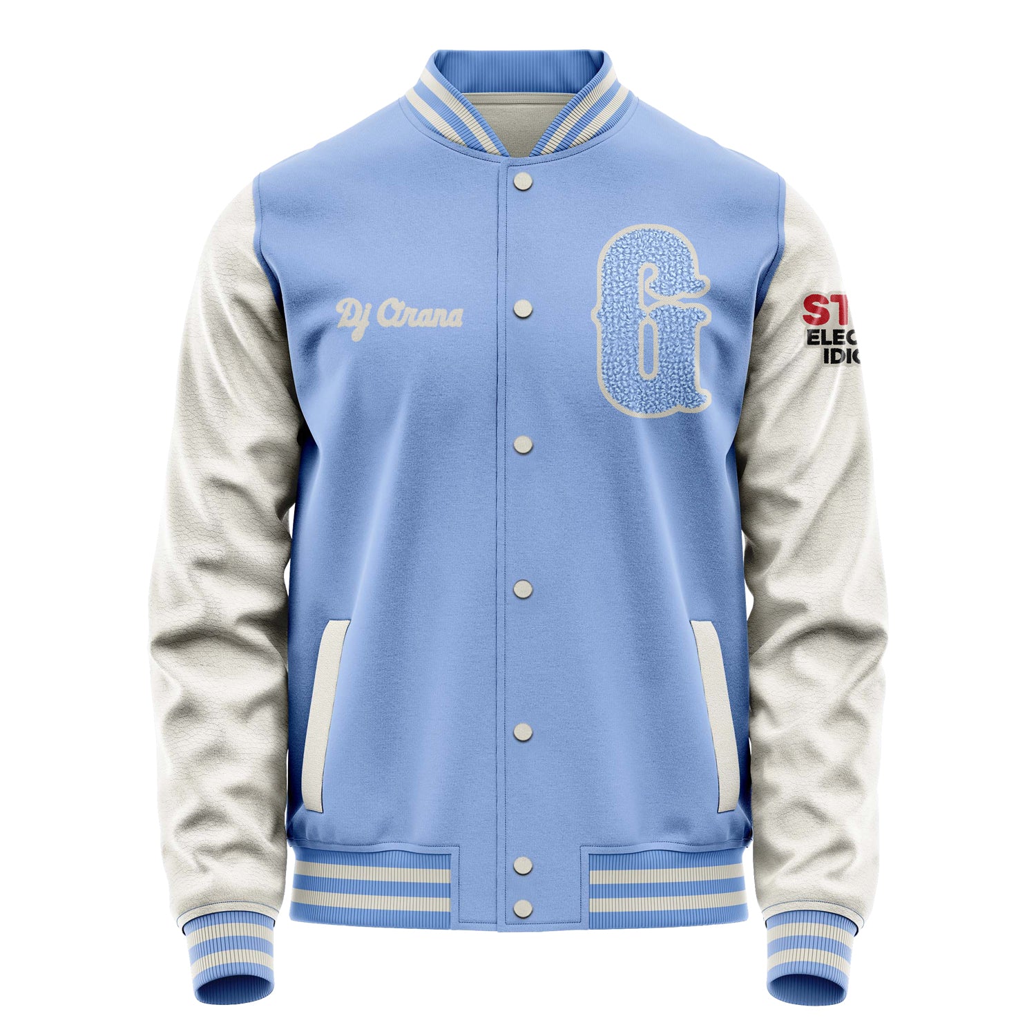 Custom Sky Blue Varsity Jacket Patches Beige Leather Sleeves - Stop ElectingIdiots