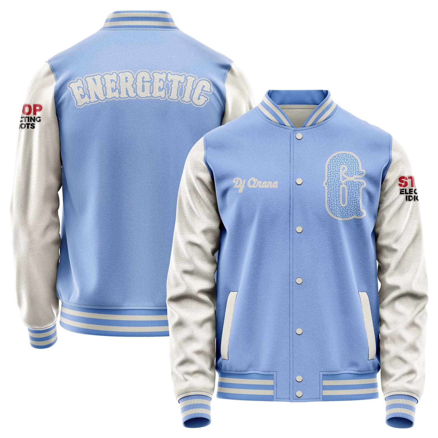 Custom Sky Blue Varsity Jacket Patches Beige Leather Sleeves - Stop ElectingIdiots