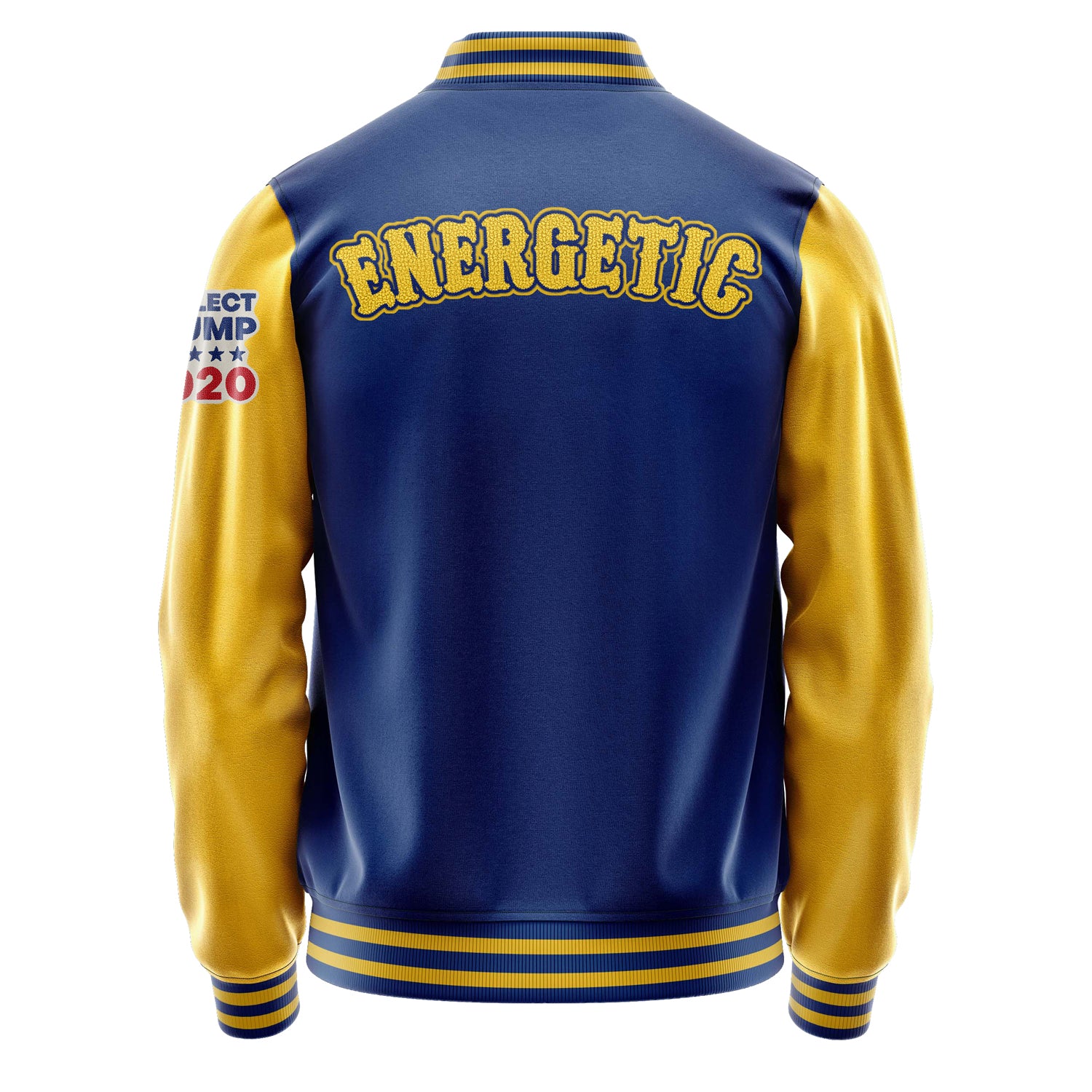 Custom Royal Blue Varsity Jacket Patches Egg Yellow Leather Sleeves - Re-Elect Trump 2020