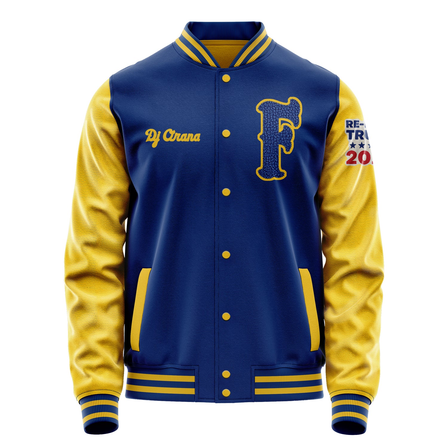 Custom Royal Blue Varsity Jacket Patches Egg Yellow Leather Sleeves - Re-Elect Trump 2020