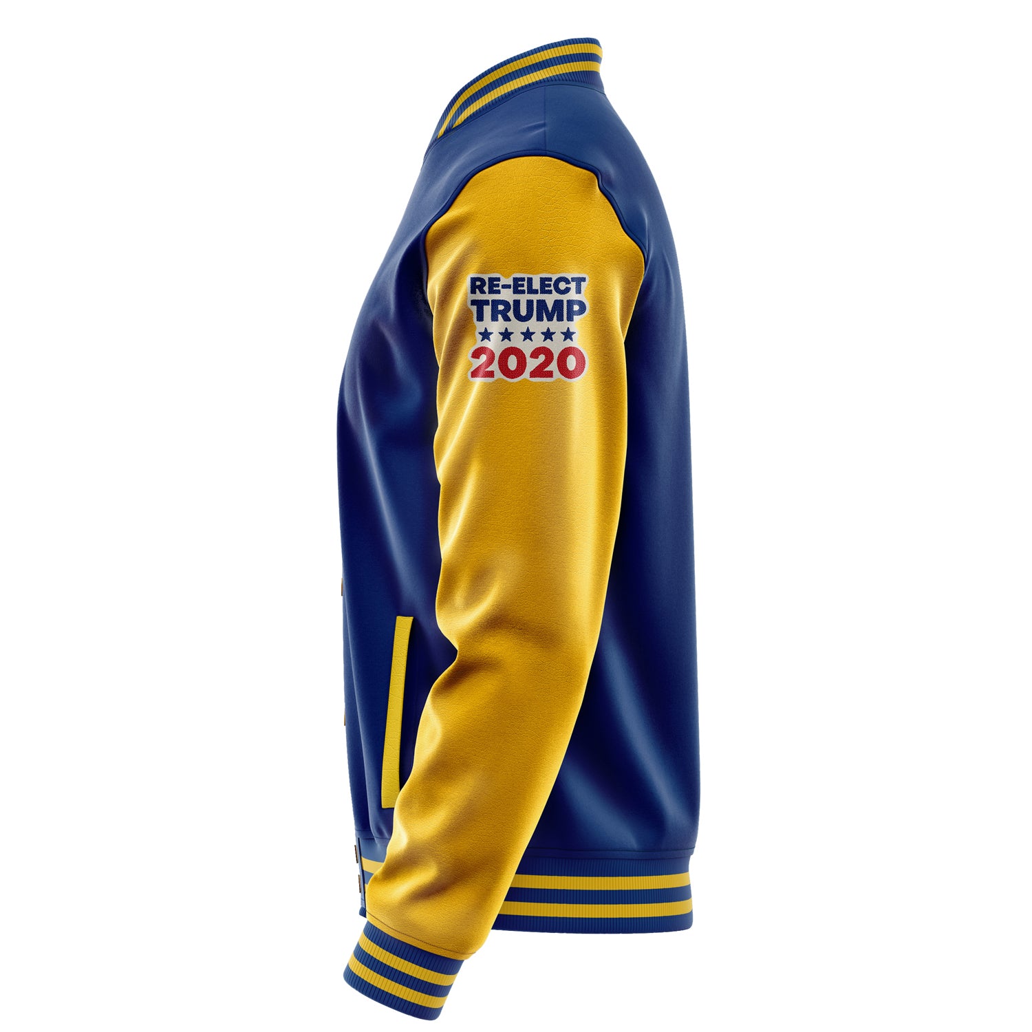 Custom Royal Blue Varsity Jacket Patches Egg Yellow Leather Sleeves - Re-Elect Trump 2020