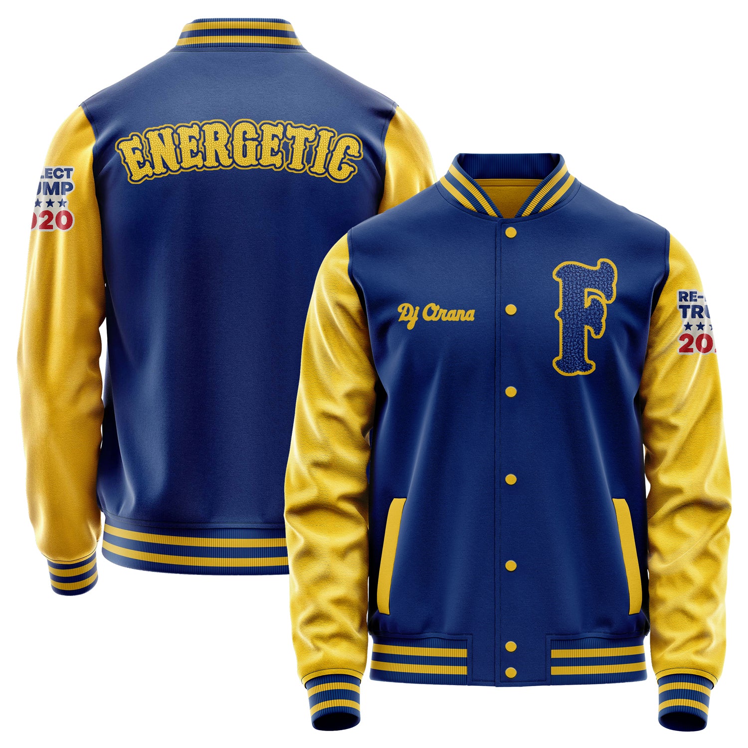 Custom Royal Blue Varsity Jacket Patches Egg Yellow Leather Sleeves - Re-Elect Trump 2020