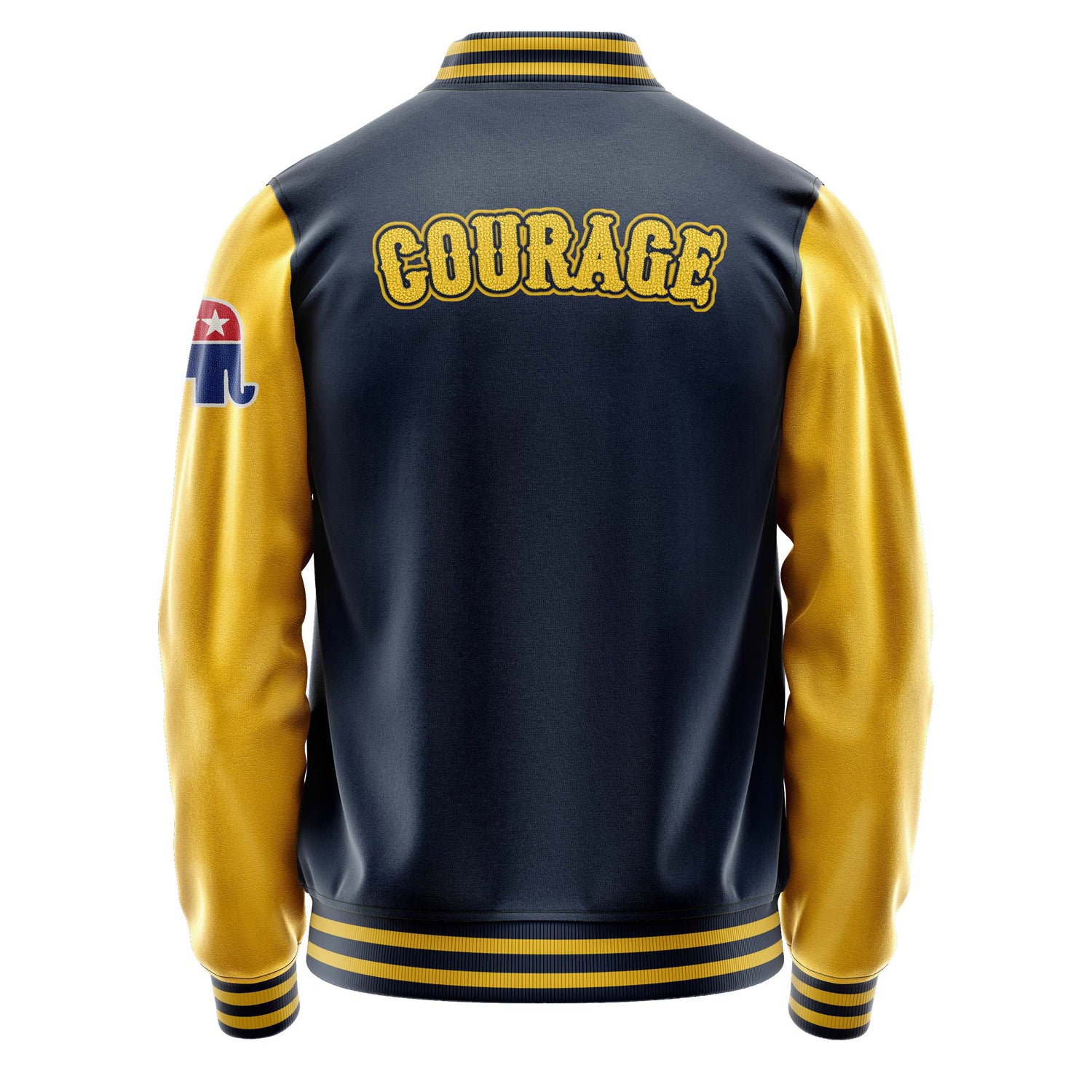 Custom Navy Blue Varsity Jacket Patches Egg Yellow Leather Sleeves - Republicans elephant