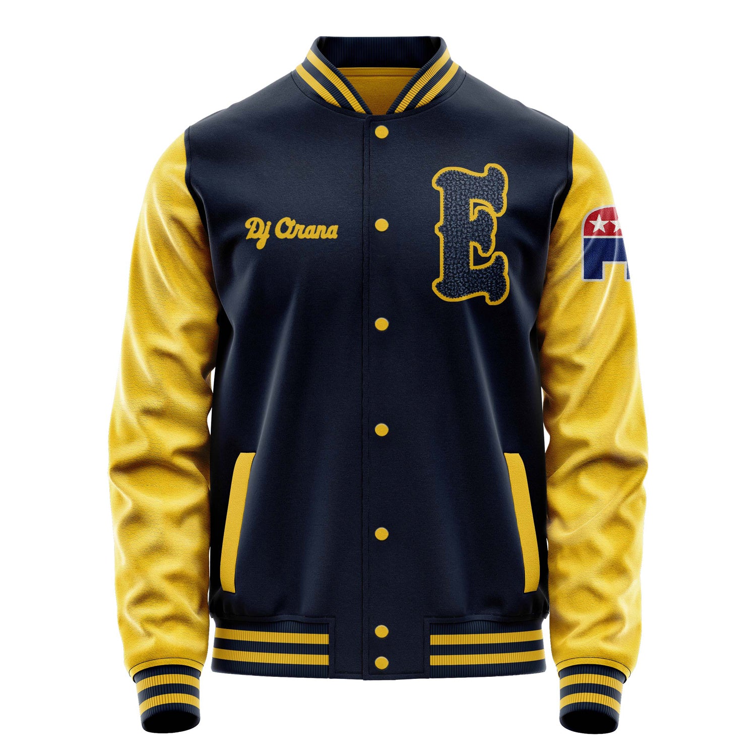 Custom Navy Blue Varsity Jacket Patches Egg Yellow Leather Sleeves - Republicans elephant