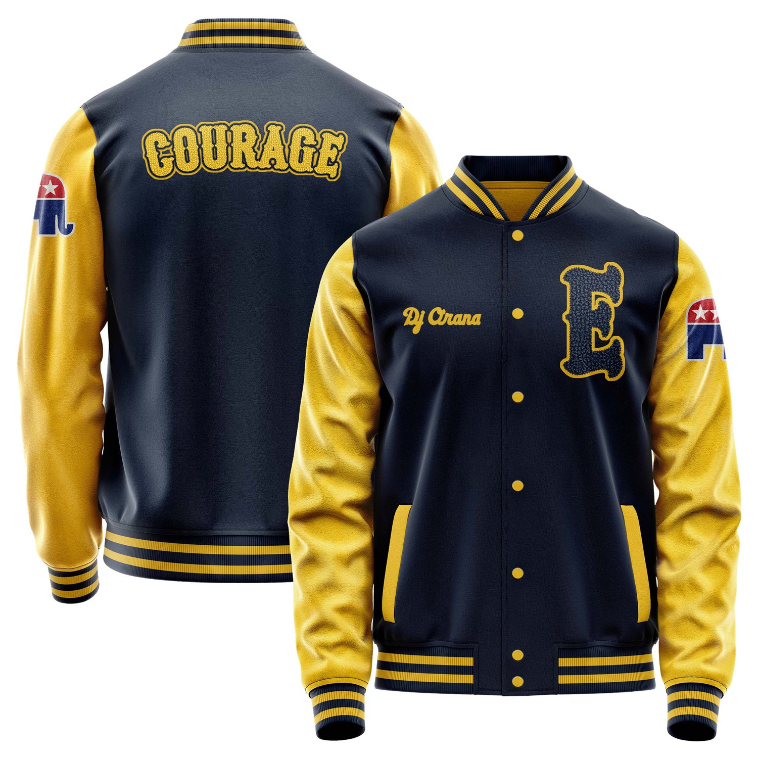 Custom Navy Blue Varsity Jacket Patches Egg Yellow Leather Sleeves - Republicans elephant