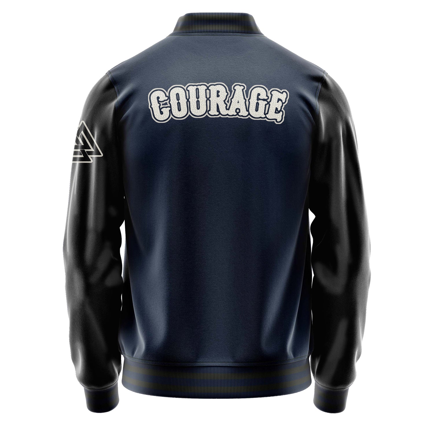 Custom Navy Blue Varsity Jacket Patches Black Leather Sleeves - Triangle logo