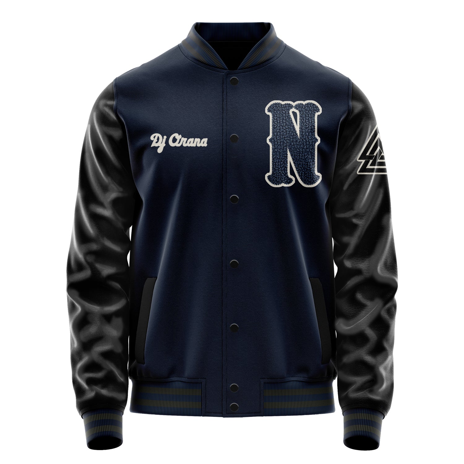 Custom Navy Blue Varsity Jacket Patches Black Leather Sleeves - Triangle logo