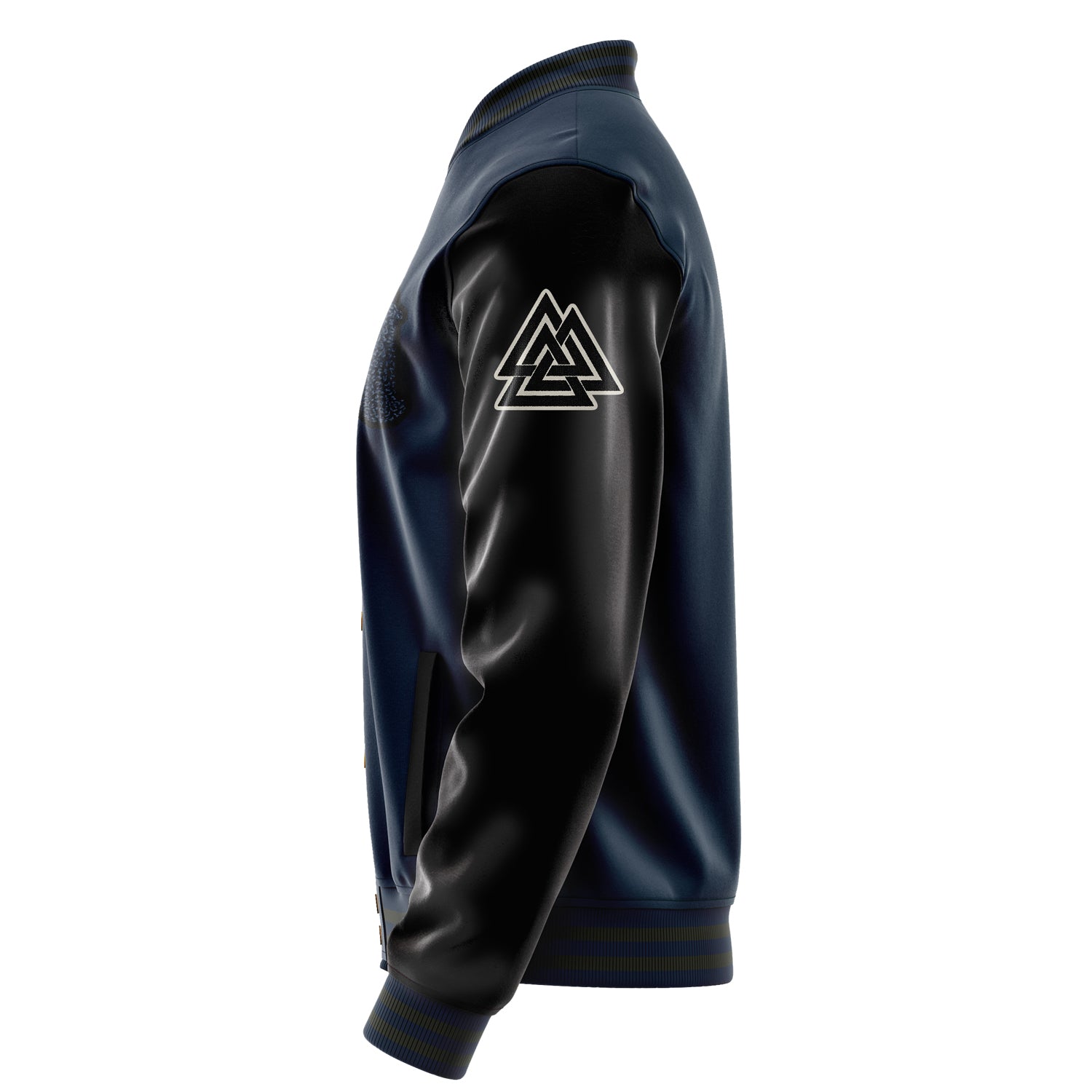 Custom Navy Blue Varsity Jacket Patches Black Leather Sleeves - Triangle logo