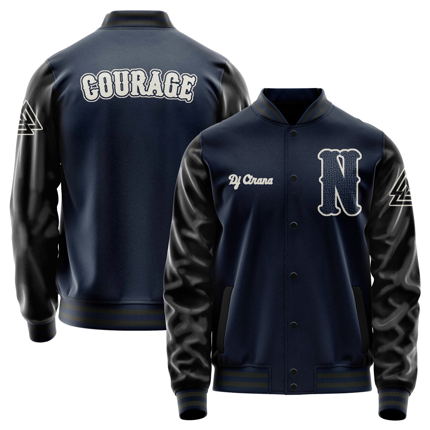 Custom Navy Blue Varsity Jacket Patches Black Leather Sleeves - Triangle logo