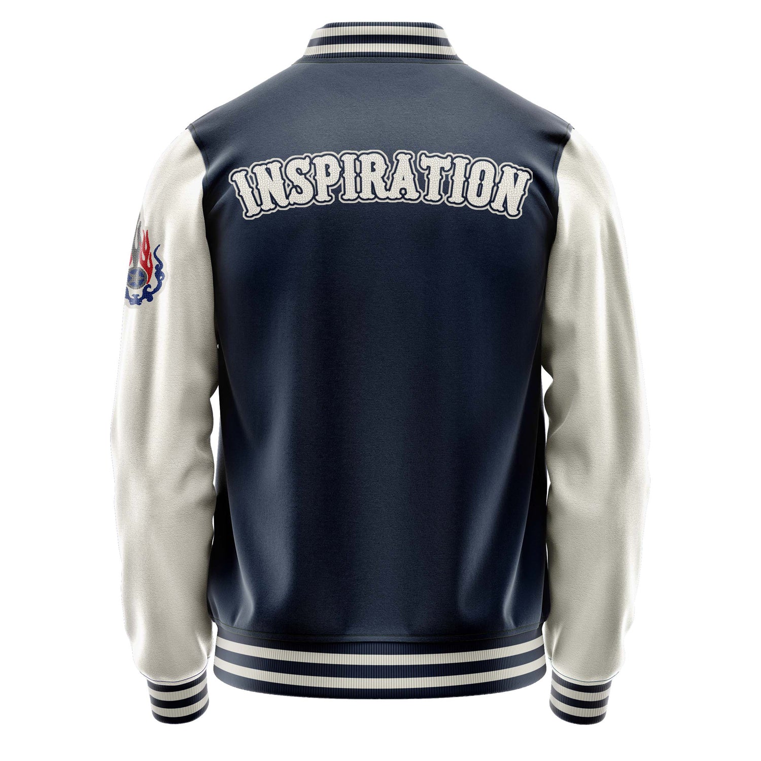 Custom Navy Blue Varsity Jacket Patches Beige Leather Sleeves - Emblem Badge Logo