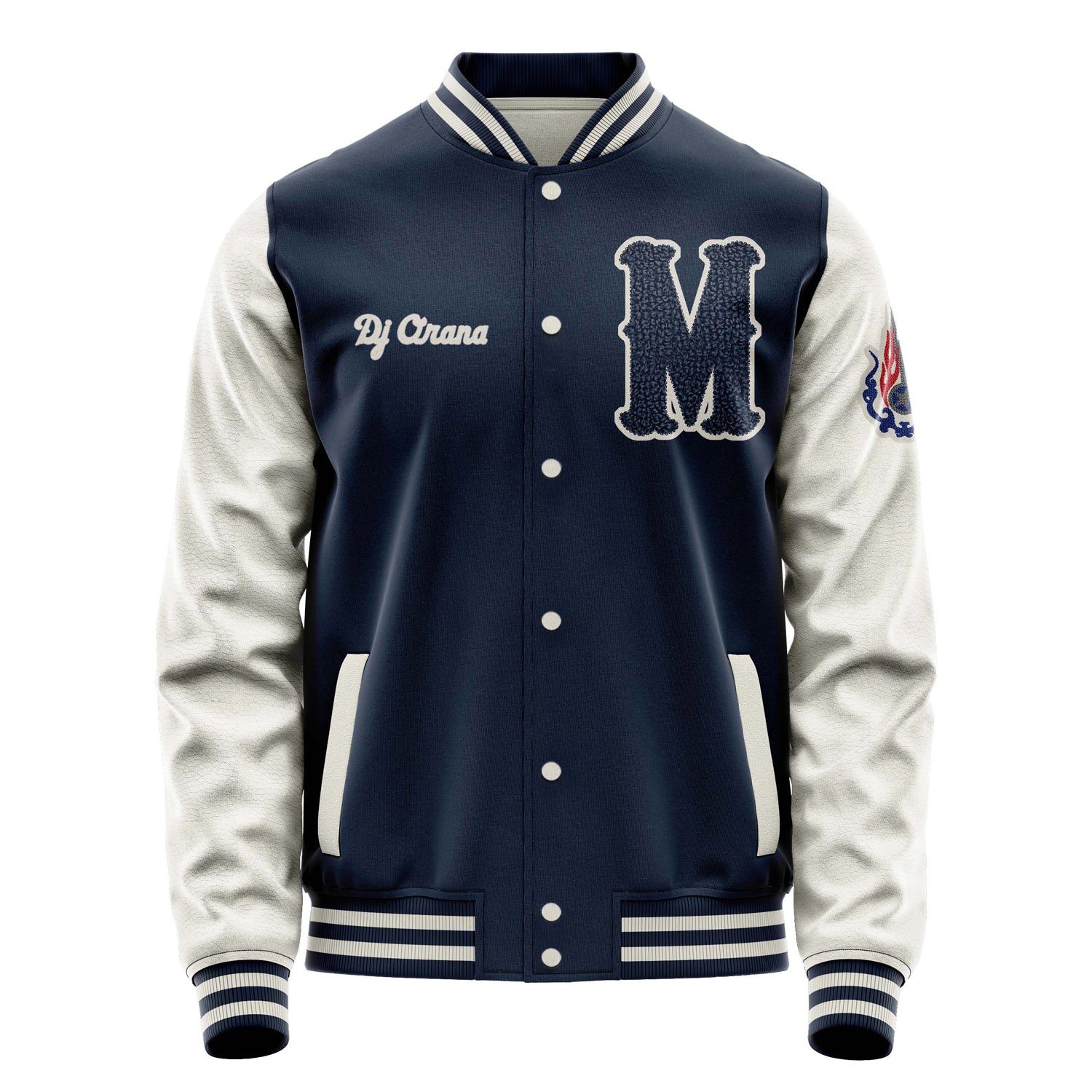 Custom Navy Blue Varsity Jacket Patches Beige Leather Sleeves - Emblem Badge Logo