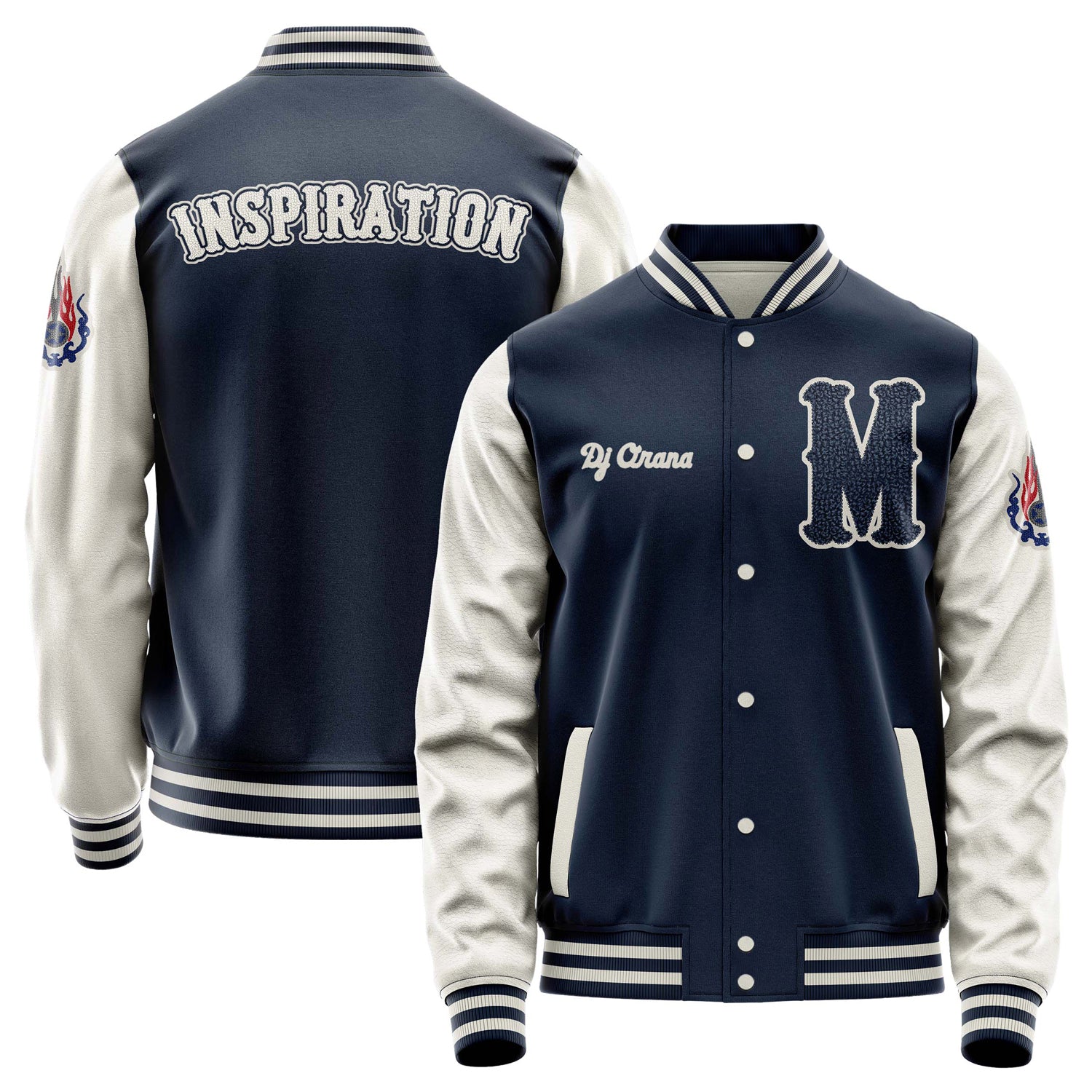 Custom Navy Blue Varsity Jacket Patches Beige Leather Sleeves - Emblem Badge Logo