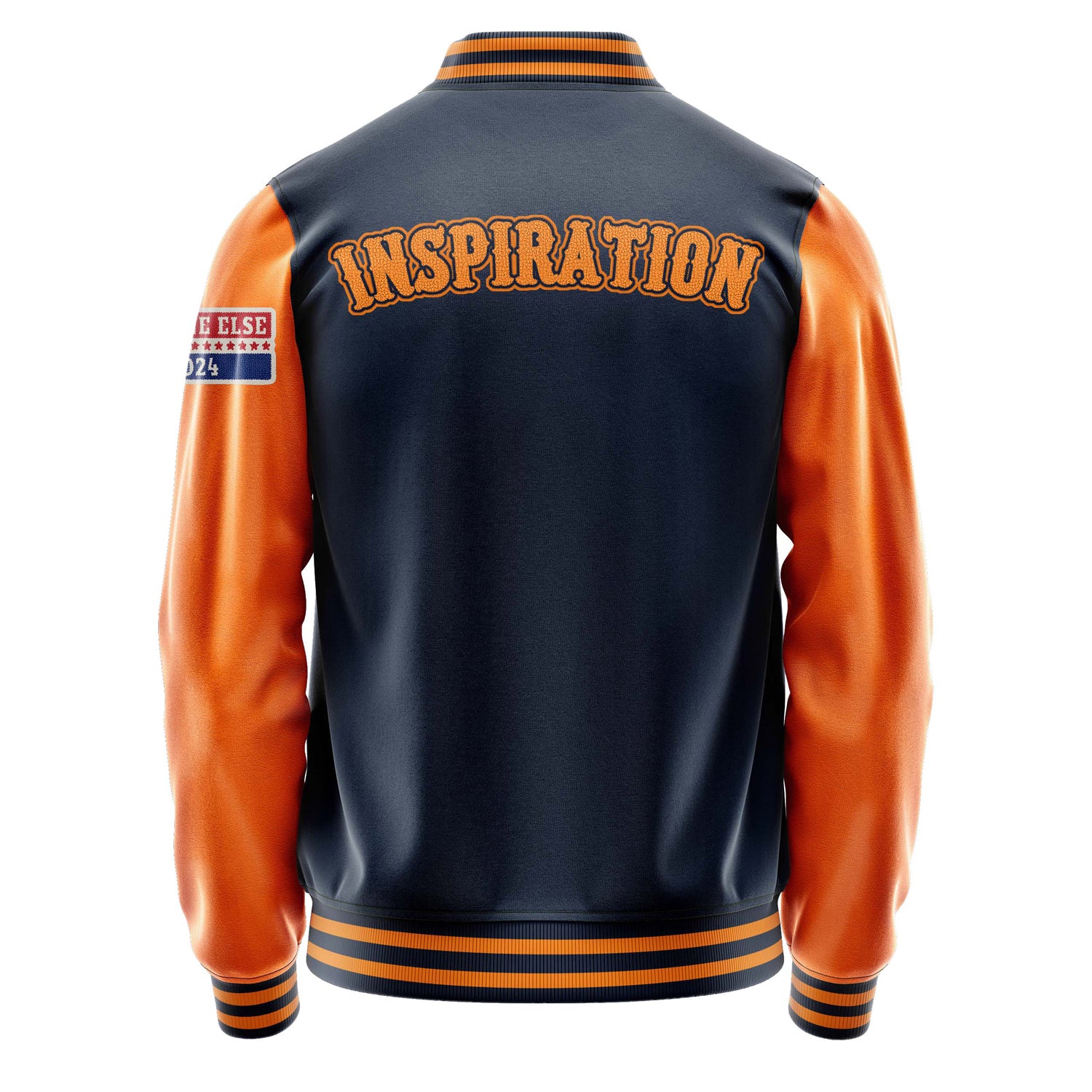 Custom Navy Blue Varsity Jacket Patches Orange Leather Sleeves - Anyone Else 2024