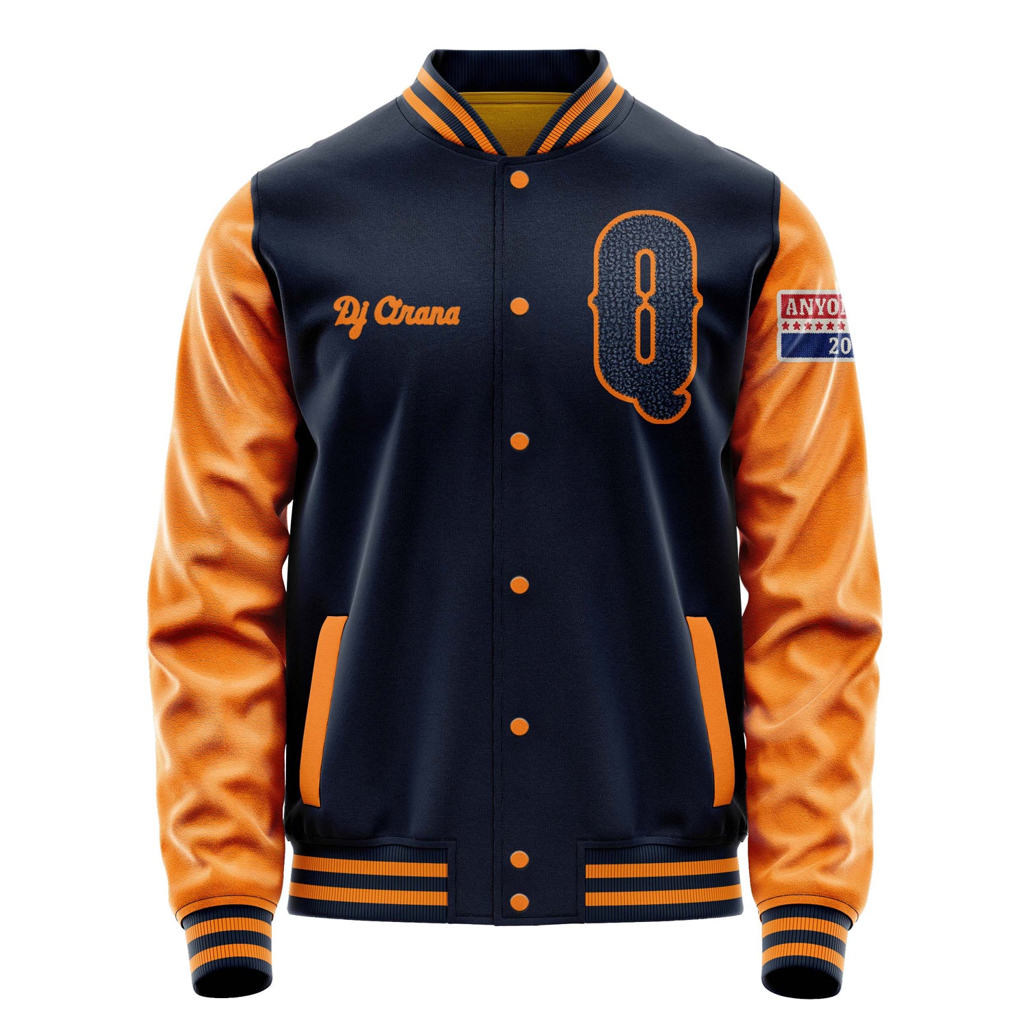 Custom Navy Blue Varsity Jacket Patches Orange Leather Sleeves - Anyone Else 2024