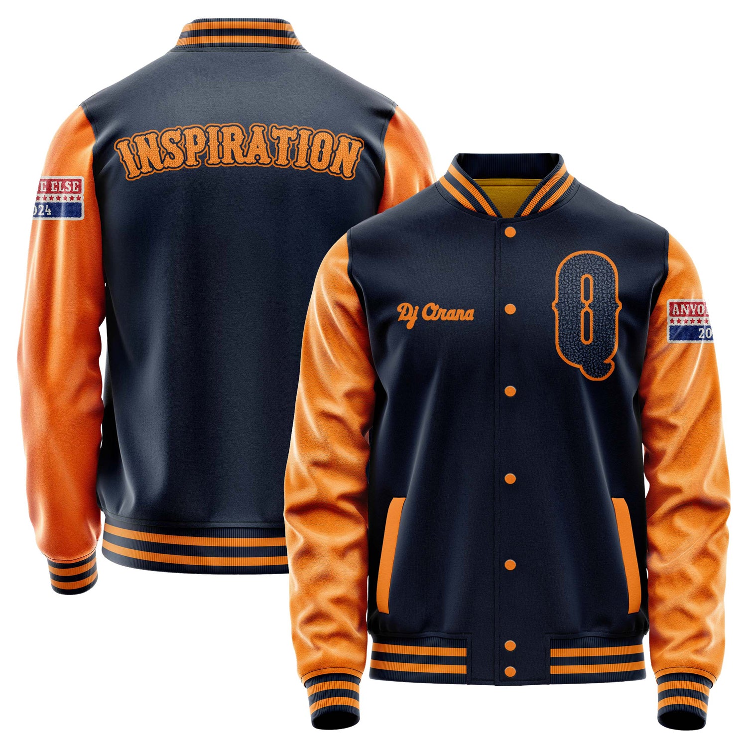 Custom Navy Blue Varsity Jacket Patches Orange Leather Sleeves - Anyone Else 2024