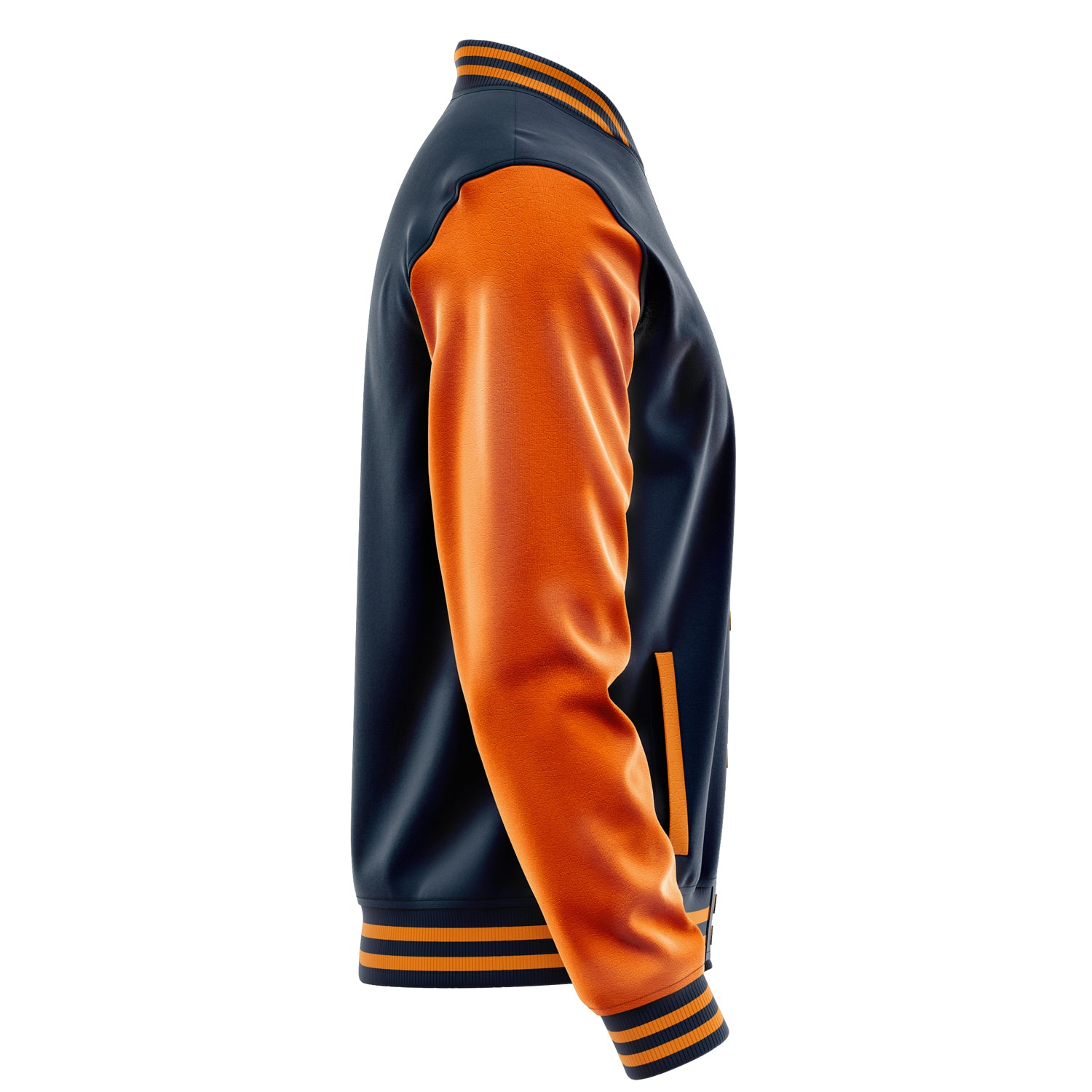 Custom Navy Blue Varsity Jacket Patches Orange Leather Sleeves - Anyone Else 2024