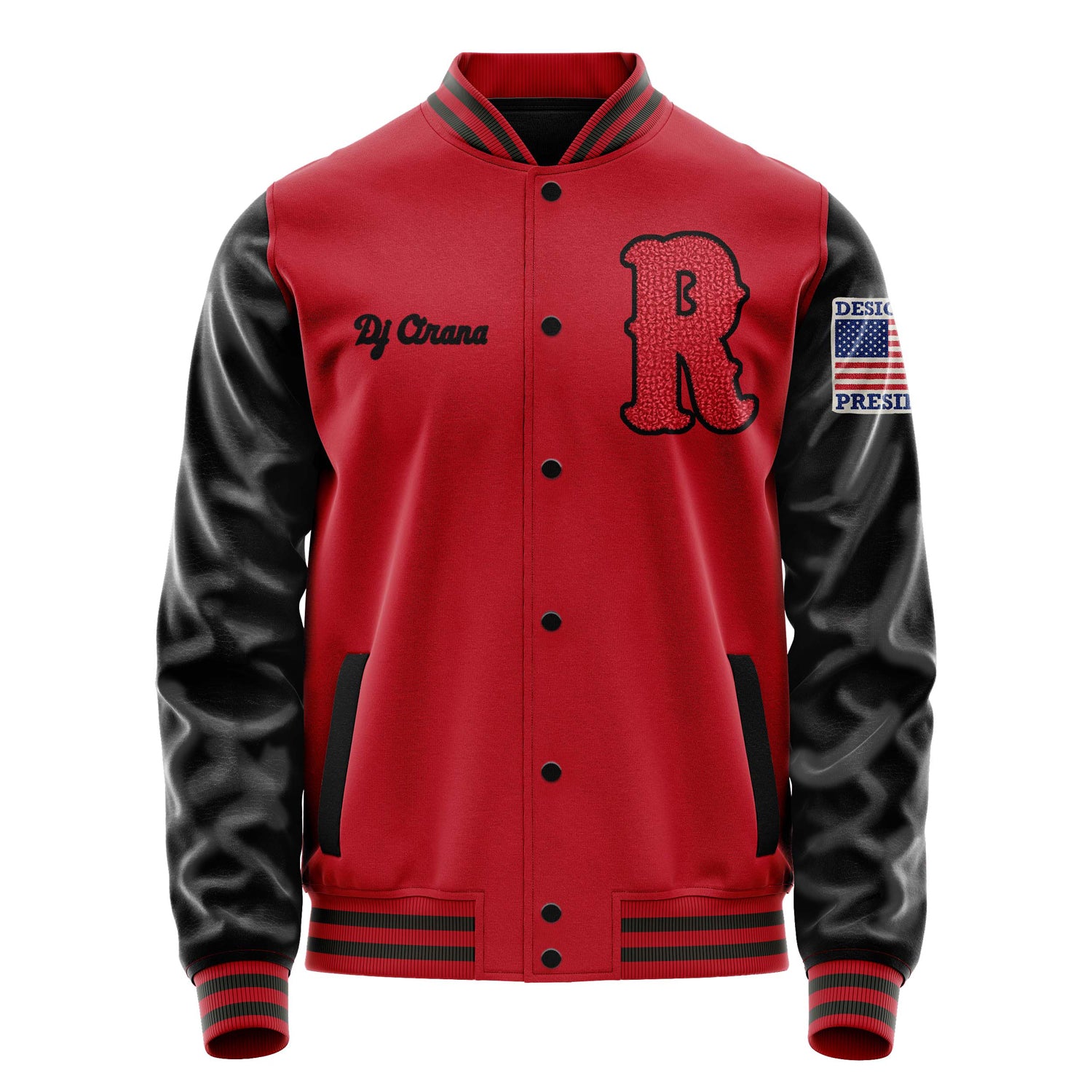 Custom Red Varsity Jacket Patches Black Leather Sleeves - Designated President